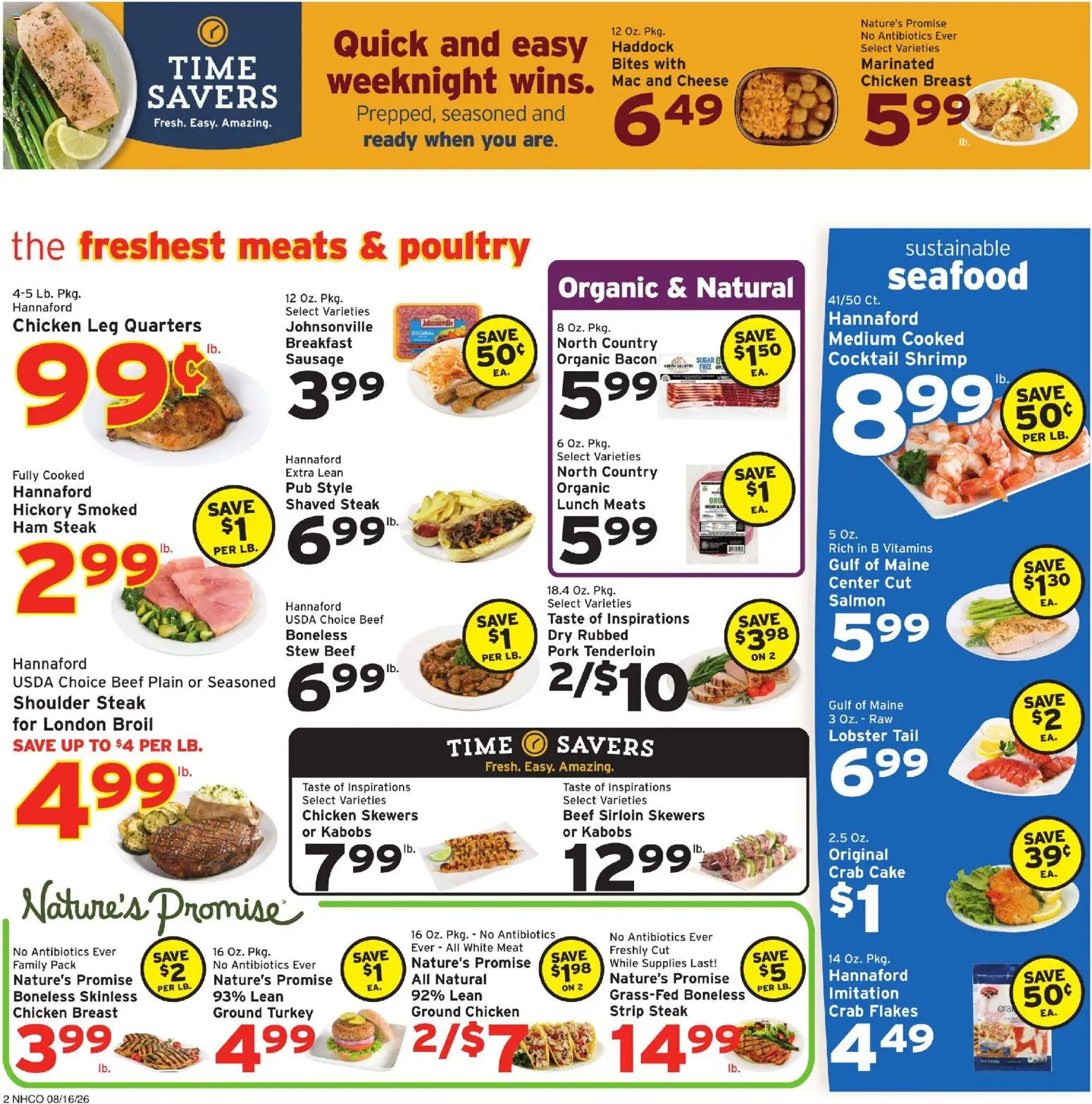 Hannaford Ad - valid from 08/16/2026 | Page: 2 | Products: Shrimp, Ground turkey, Beef sirloin, Poultry