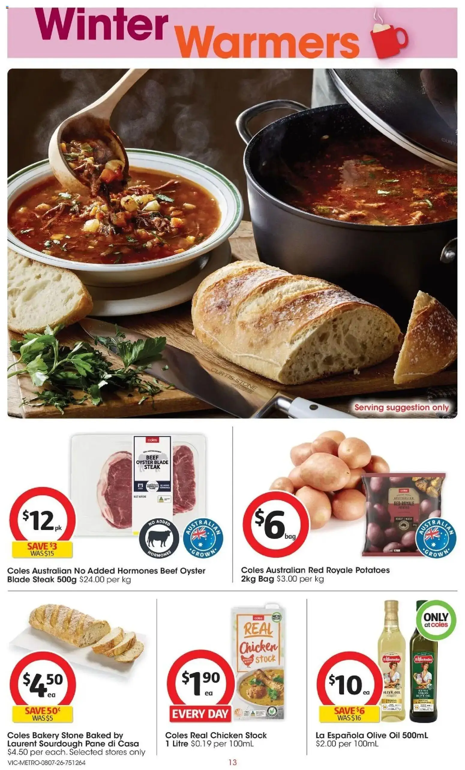Coles catalogue - valid from 07/07/2026 | Page: 13 | Products: Chicken, Olive oil, Steak, Bag