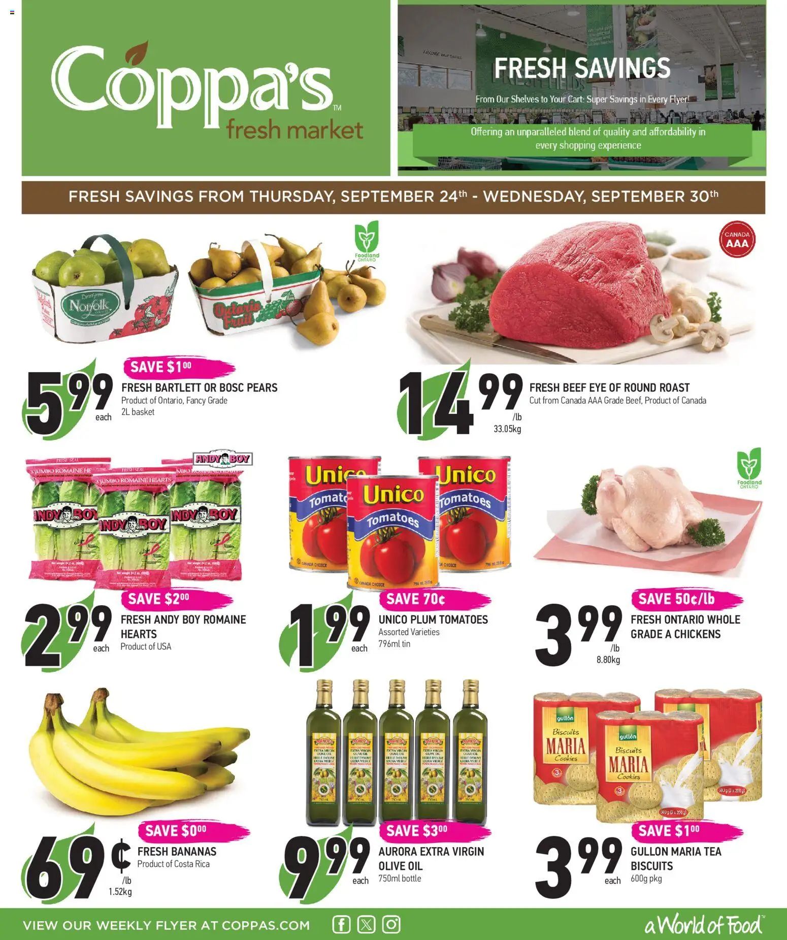 Coppas Fresh Market flyer valid from Sep 24, 2026 | Page: 1 | Products: Chickens, Biscuits, Basket, Pears