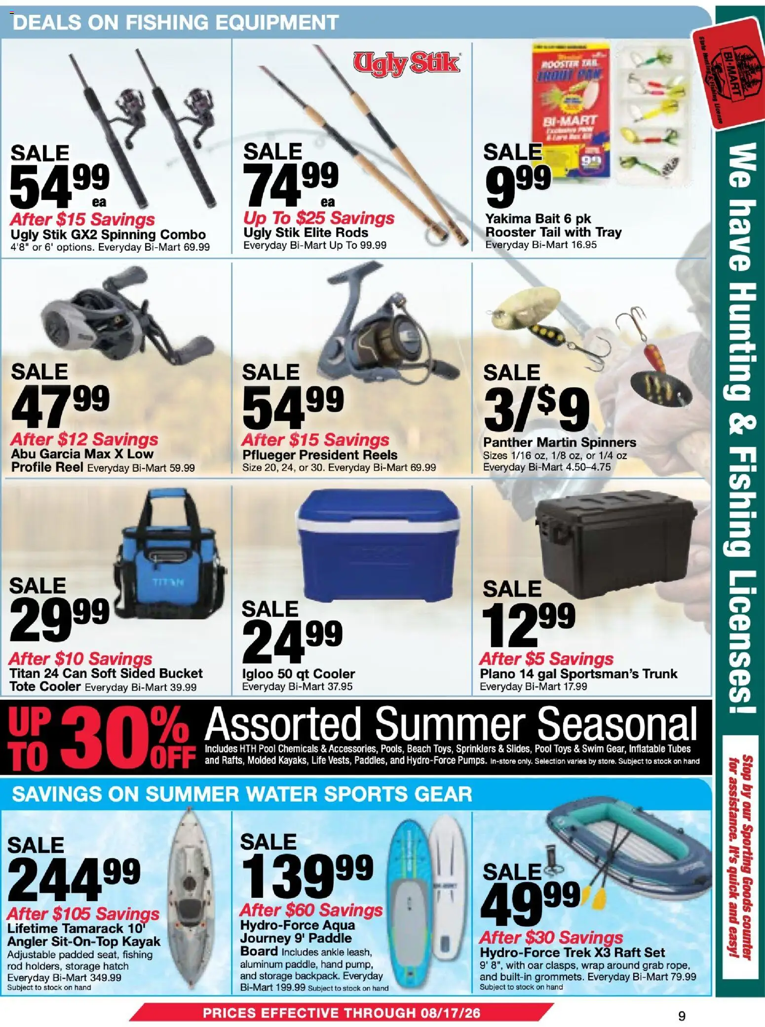 Bi-Mart Membership Savings Book - valid from 07/28/2026 | Page: 9 | Products: Kayak, Water, Rod, Bait