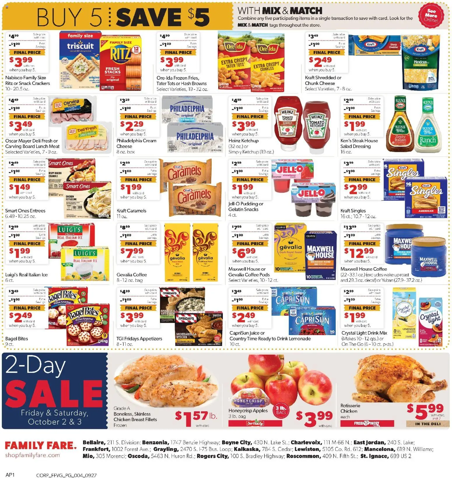Family Fare Weekly Ad - valid from 09/27/2026 | Page: 5 | Products: Coffee, Pizza, Chicken breast fillets, Cream