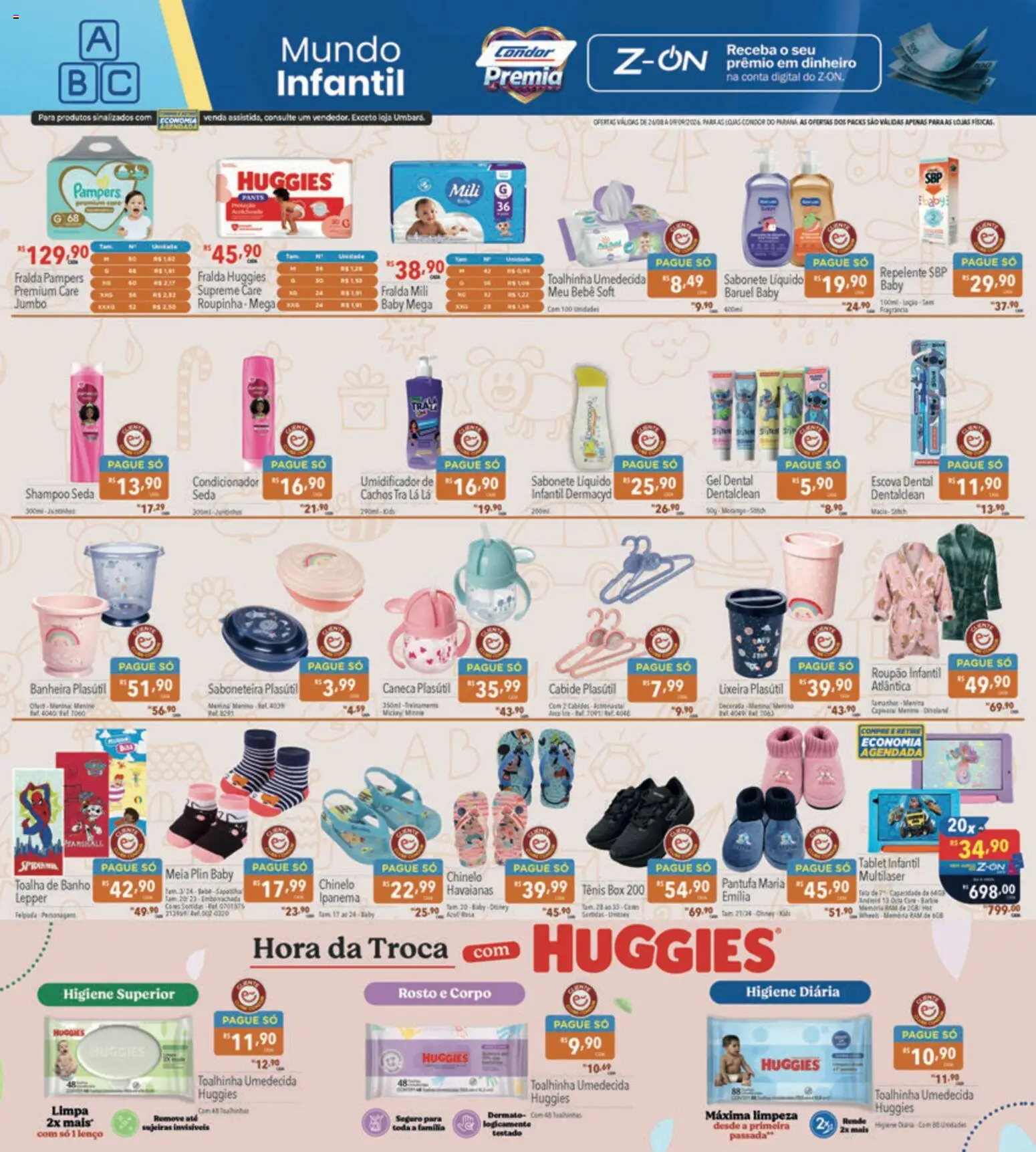 Supermercados Condor Folheto - válido de 26/08/2026 | Página: 22 | Produtos: Fralda pampers, Banheira, Caneca, Lixeira