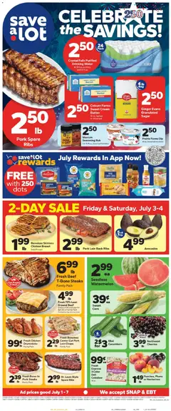 Preview of Save a Lot weekly ads valid from 07/01/2026 | Page: 1 | Products: Corn, Butter, Pork, Sugar