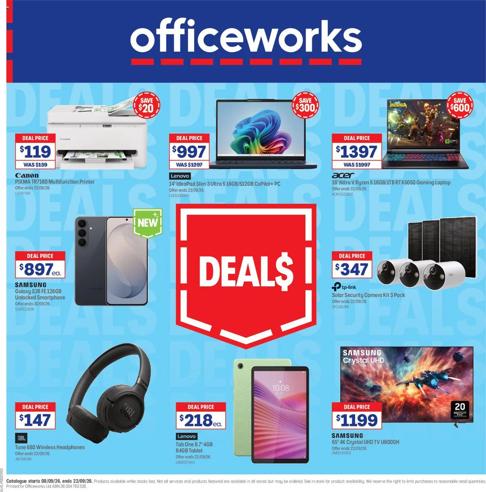 Officeworks catalogue - valid from 08/09/2026 | Page: 1 | Products: Smartphone, Tv, Camera, Wireless headphones