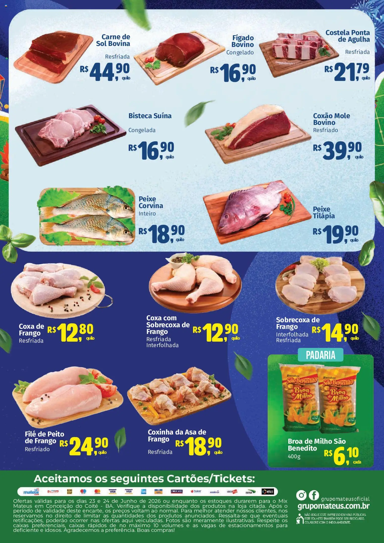Mateus Folheto - válido de 23/06/2026 | Página: 2 | Produtos: Tilápia, Peixe, Carne, Frango