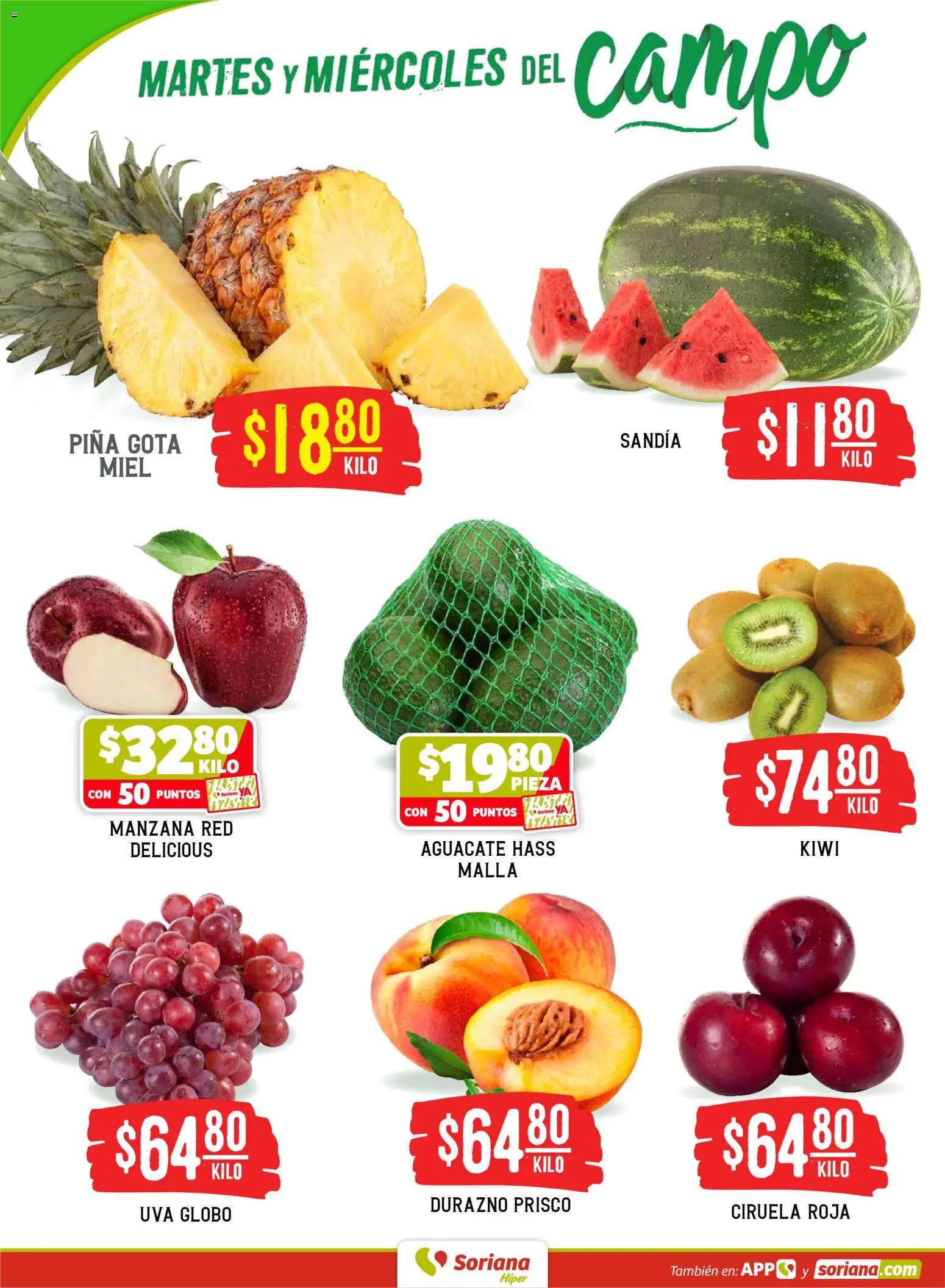 Nuevas ofertas de Soriana válidas en toda la República Mexicana desde el 28/07/2026. ¡Encuentra las mejores ofertas en Soriana Martes y Miércoles del Campo Híper: BCS, Son y Sin! | Página: 2 | Productos: Sandía, Piña, Kiwi, Malla