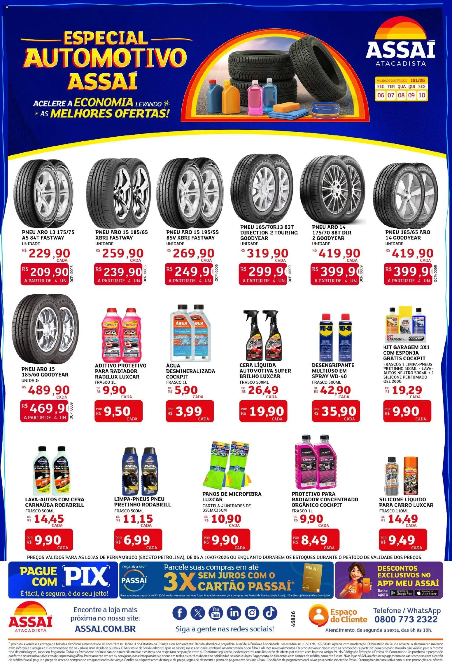 Assaí Atacadista Folheto - válido de 06/07/2026 | Página: 1 | Produtos: Esponja, Pneus, Bebida, Cera
