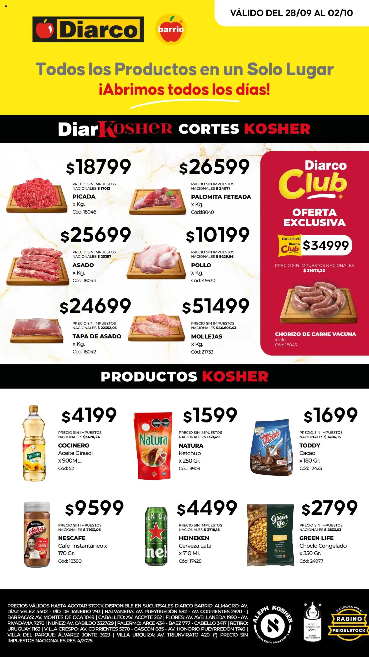 Diarco - Ofertas Kosher │ válido desde el 28/09/2026 | Página: 1 | Productos: Choclo, Ketchup, Carne, Heineken