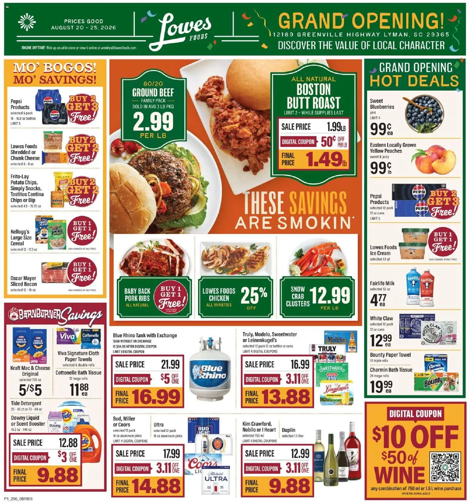 Lowes Foods Grand Opening - valid from 08/19/2026 | Page: 1 | Products: Pork ribs, Chicken, Pork, Mozzarella
