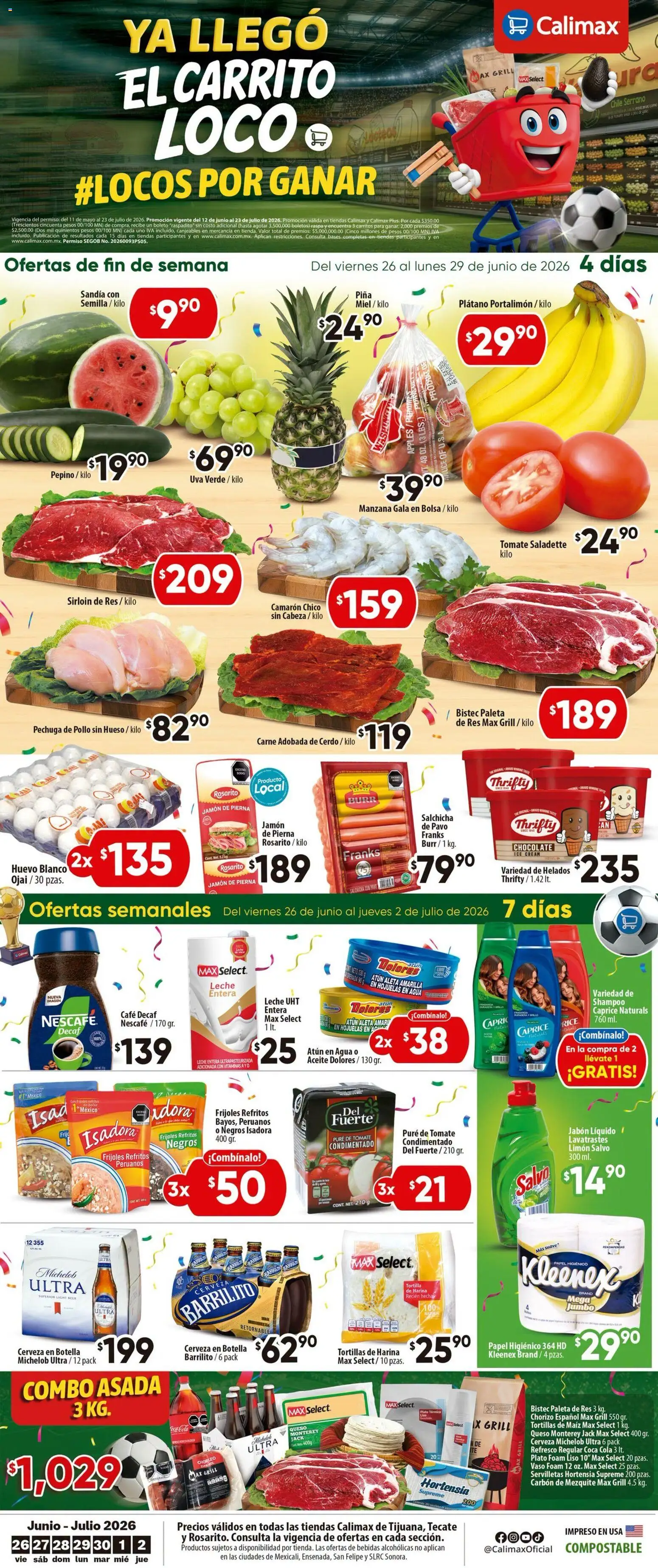 Nuevas ofertas de Calimax válidas en toda la República Mexicana desde el 26/06/2026. ¡Encuentra las mejores ofertas en Calimax folleto Tijuana! | Página: 1 | Productos: Salchicha, Manzana, Café, Cerdo