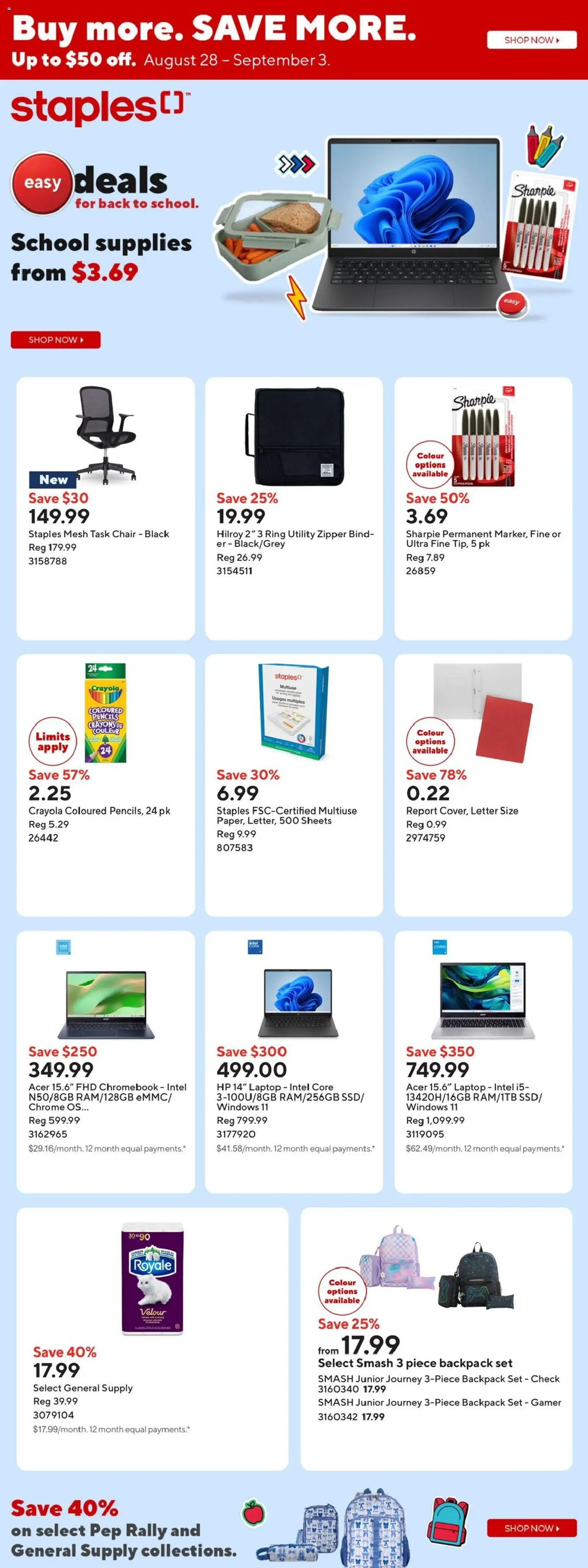Staples flyer valid from Aug 28, 2026 | Page: 1 | Products: Backpack, Laptop, Chair