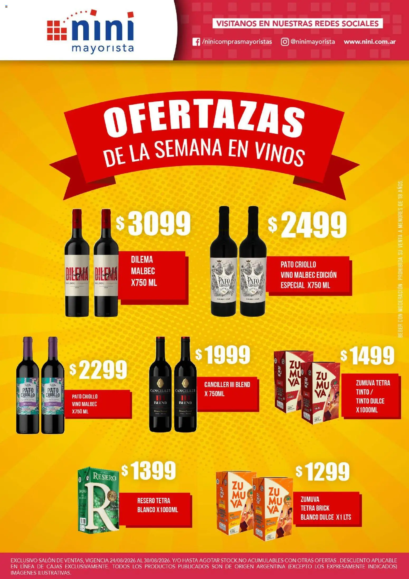 NINI Mayorista OFERTAZAS DE LA SEMANA EN VINO │ válido desde el 24/08/2026 | Página: 1 | Productos: Pato, Dulce, Vino