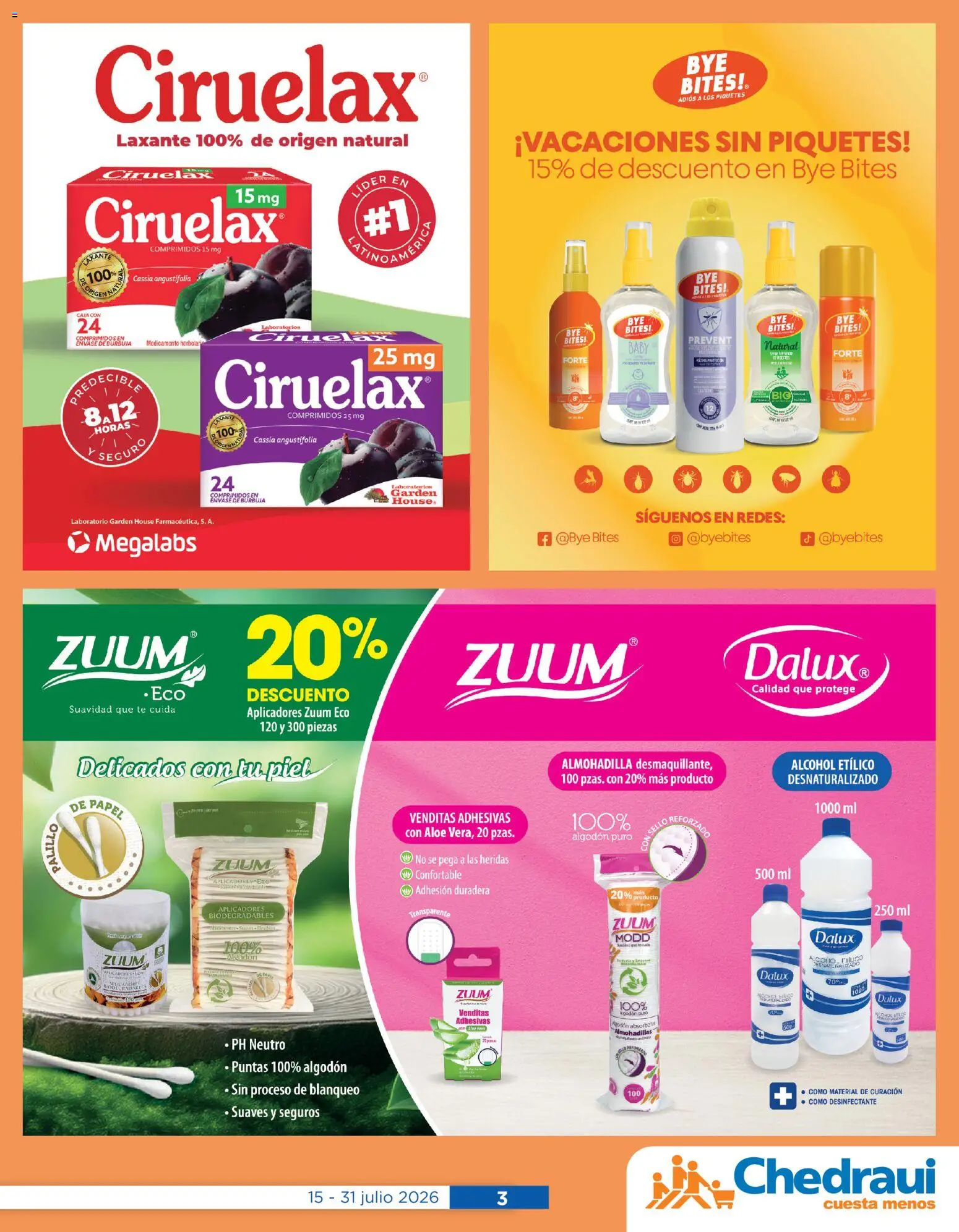 Nuevas ofertas de Chedraui válidas en toda la República Mexicana desde el 15/07/2026. ¡Encuentra las mejores ofertas en Chedraui folleto Cuidar tu salud! | Página: 3 | Productos: Papa, Desinfectante, Buró, Té