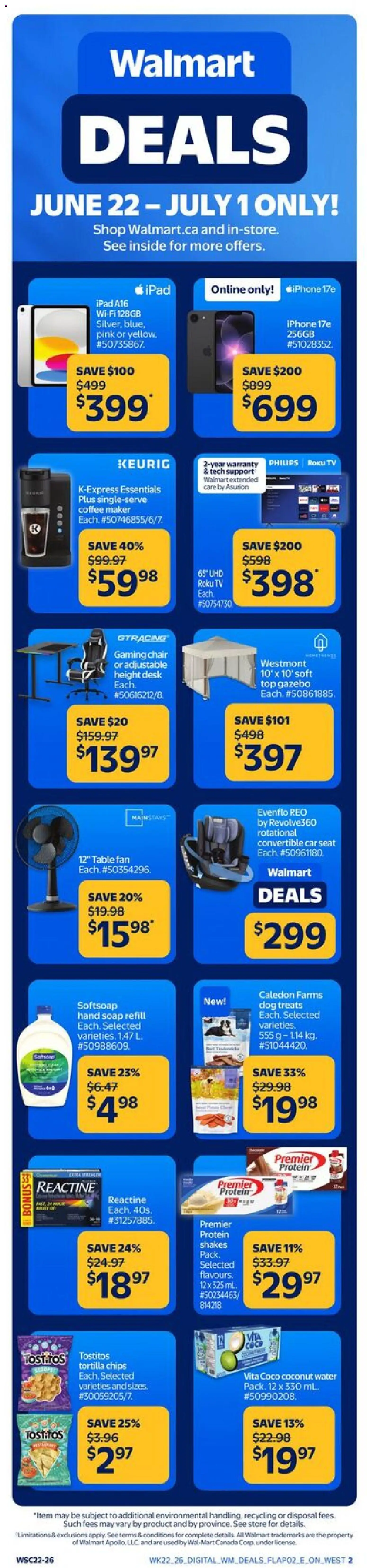 Walmart flyer valid from Jun 22, 2026 | Page: 1 | Products: Television, Coffee maker, Fan, Table