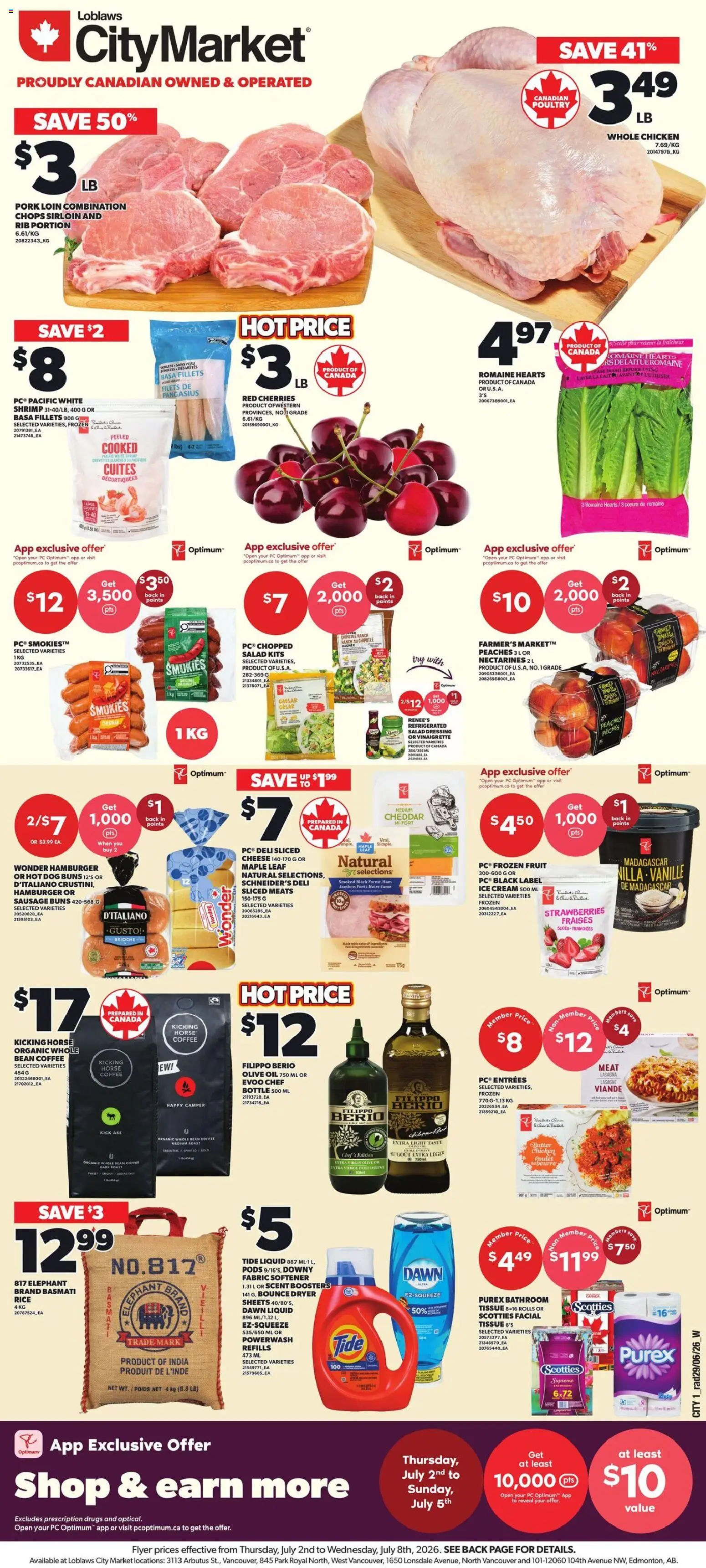 Loblaws flyer valid from Jul 2, 2026 | Page: 2 | Products: PC, Cheese, Coffee, Chicken