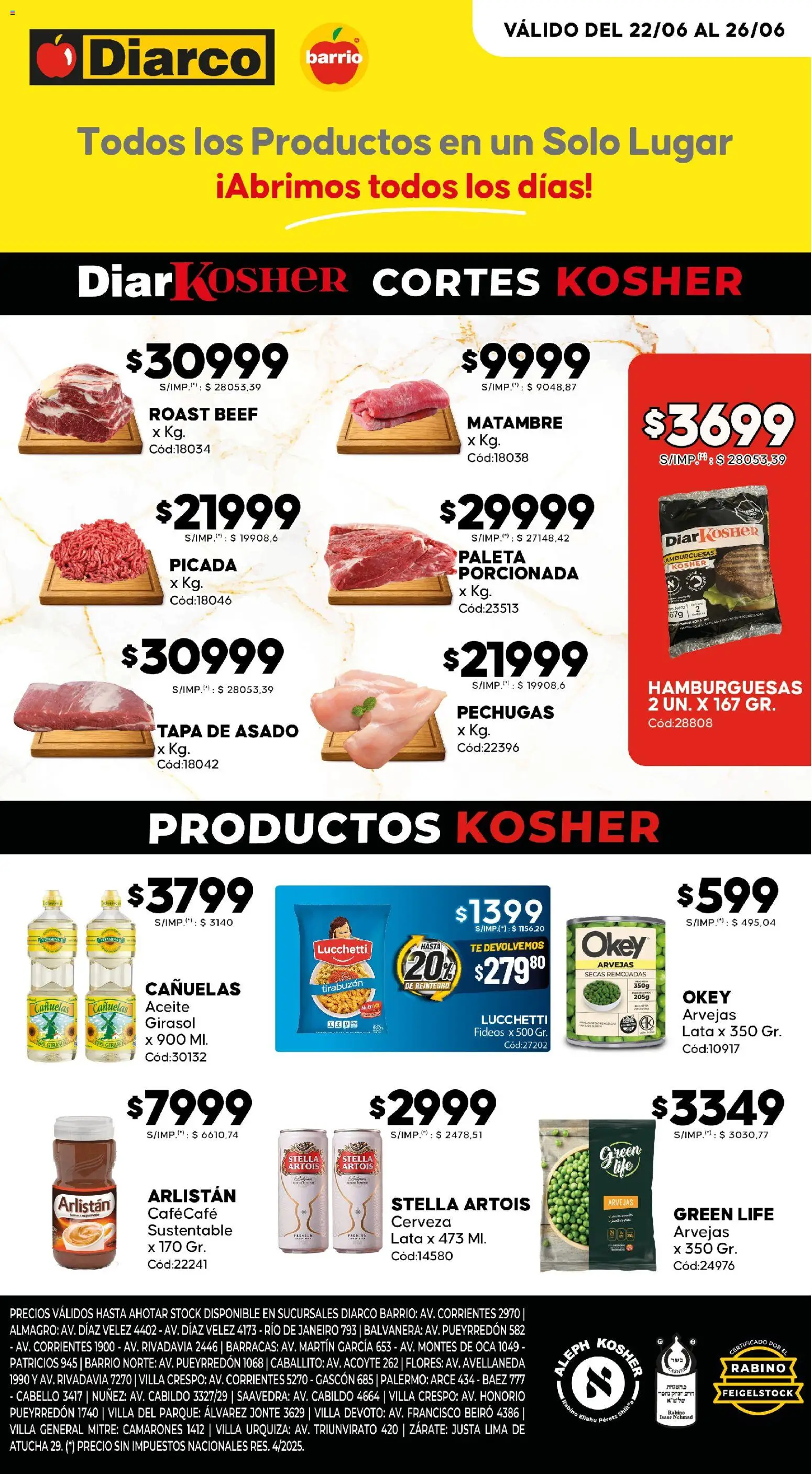 Diarco - Ofertas Kosher │ válido desde el 22/06/2026 | Página: 1 | Productos: Aceite, Paleta, Cerveza, Fideos
