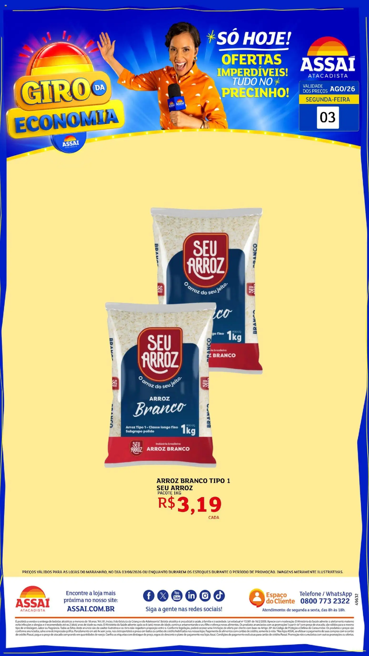 Assaí Atacadista Folheto - válido de 03/08/2026 | Página: 1 | Produtos: Arroz, Base, Bebida, Telefone