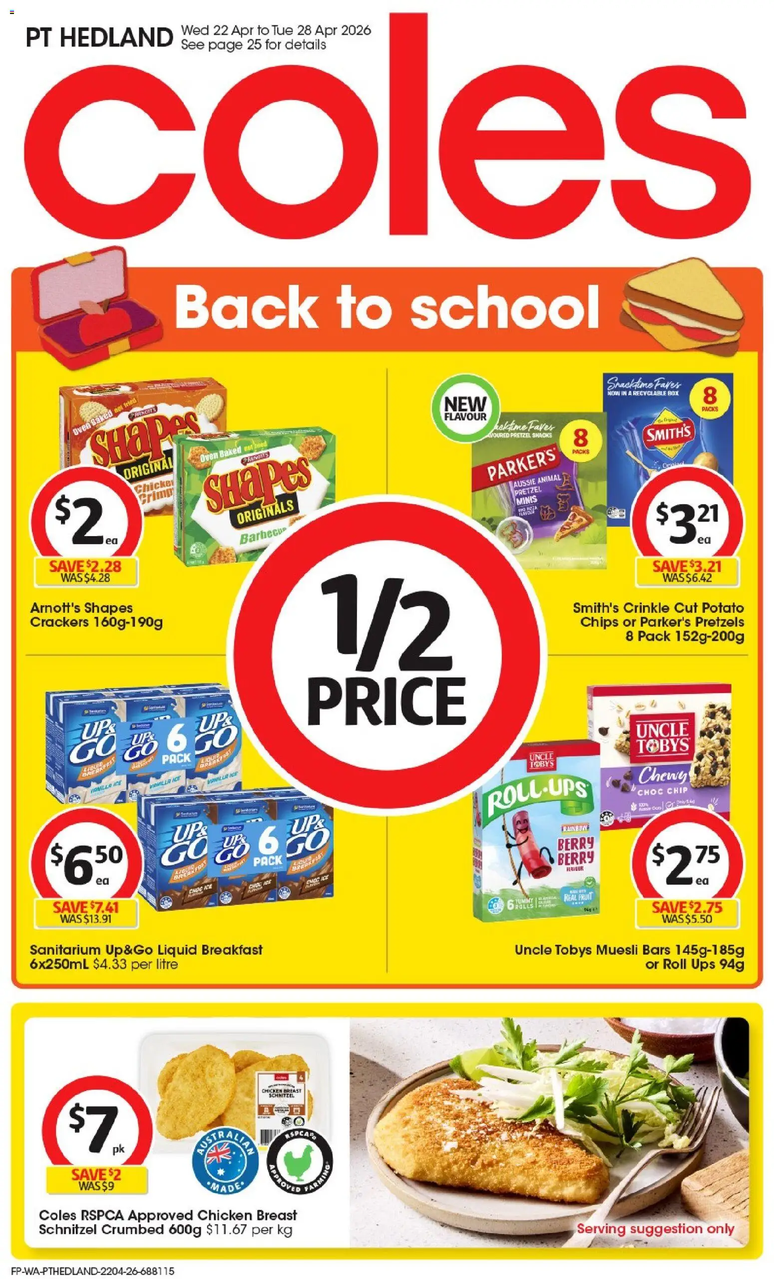 Coles catalogue - valid from 22.04.2026 | Page: 1 | Products: Chicken, Chips, Pretzels, Oven