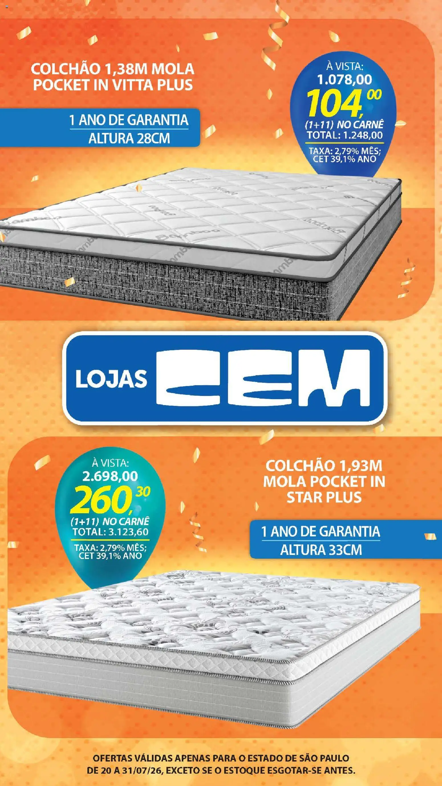 Lojas Cem Folheto - válido de 20/07/2026 | Página: 101 | Produtos: Colchão, Carne