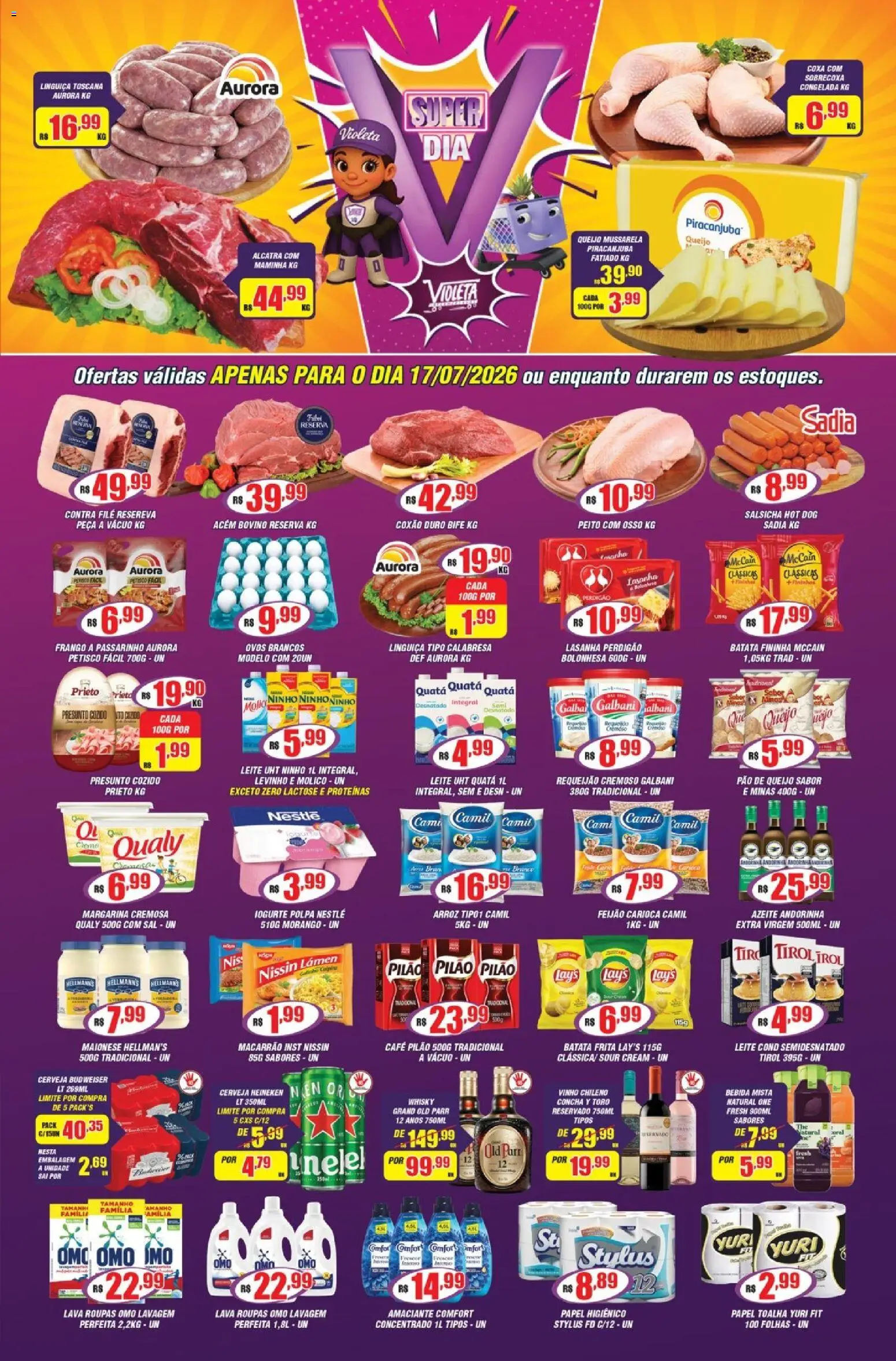 Violeta Supermercados Folheto - válido de 17/07/2026 | Página: 1 | Produtos: Alcatra, Requeijão, Mussarela, Batata frita
