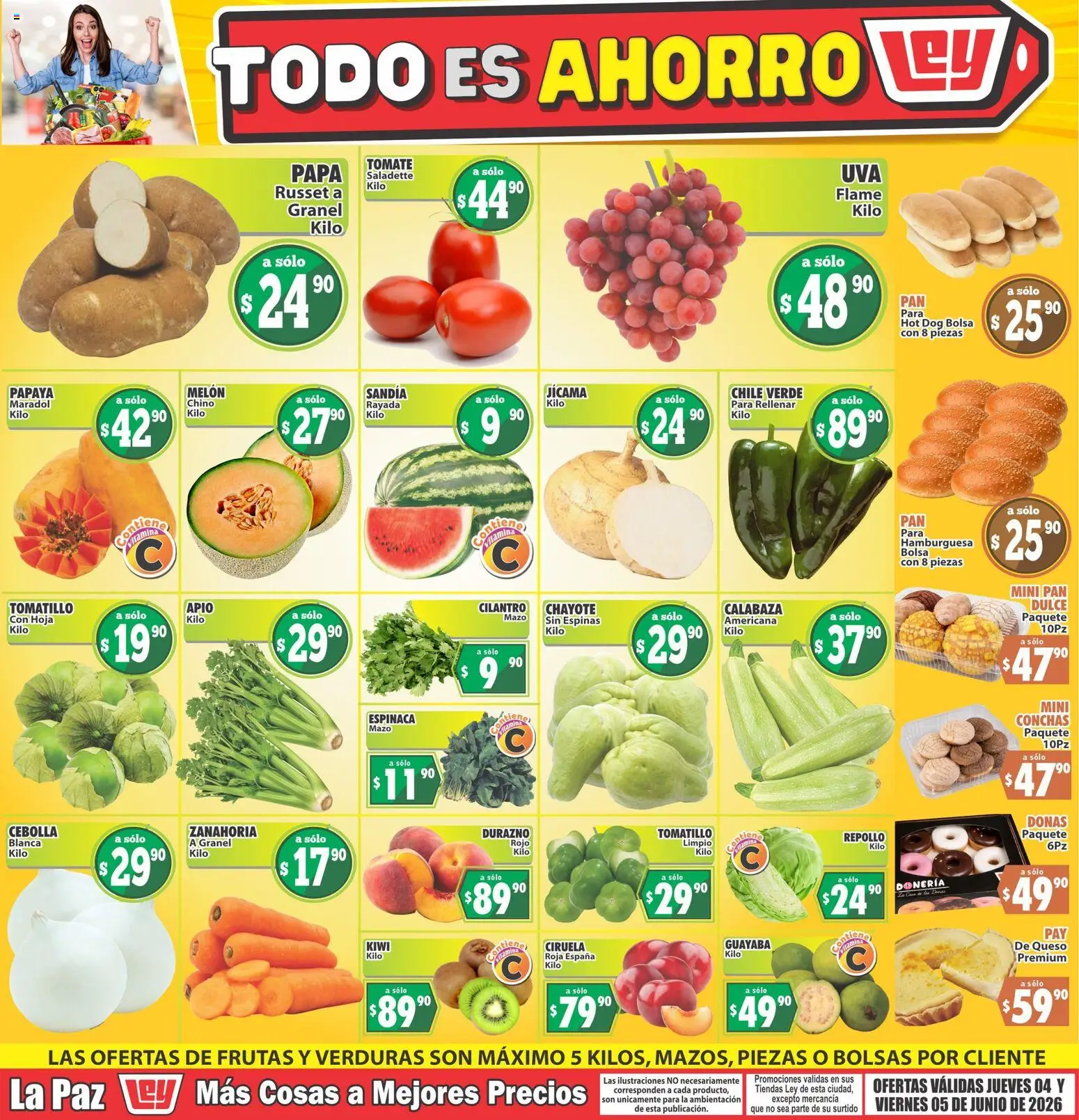 Nuevas ofertas de Casa Ley válidas en toda la República Mexicana desde el 04.06.2026. ¡Encuentra las mejores ofertas en Casa Ley folleto Las ofertas de frutas y verdunas La Paz! | Página: 1 | Productos: Sandía, Durazno, Espinaca, Kiwi