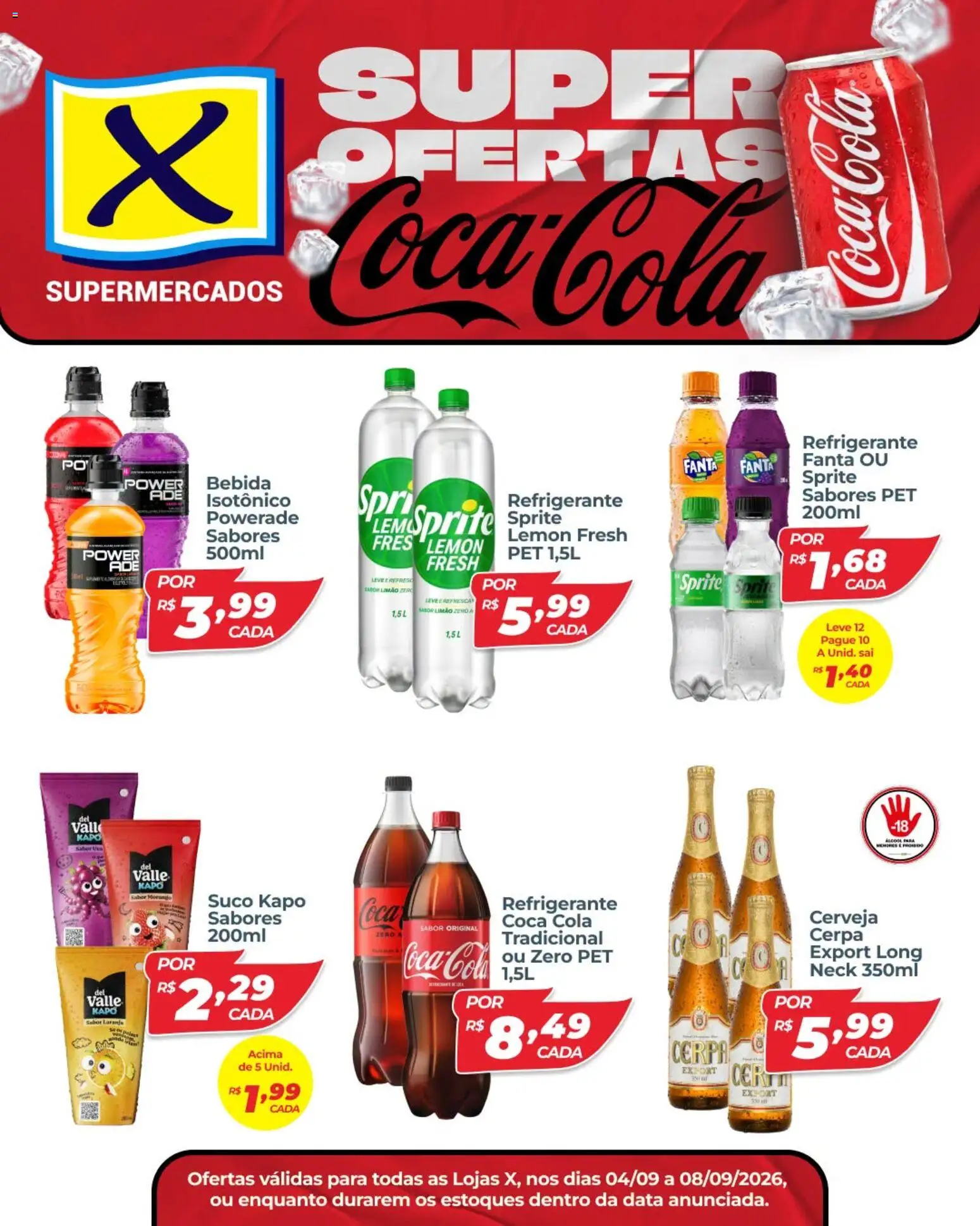 X Supermercados Folheto - válido de 04/09/2026 | Página: 2 | Produtos: Refrigerante Sprite, Fanta, Cola, Bebida