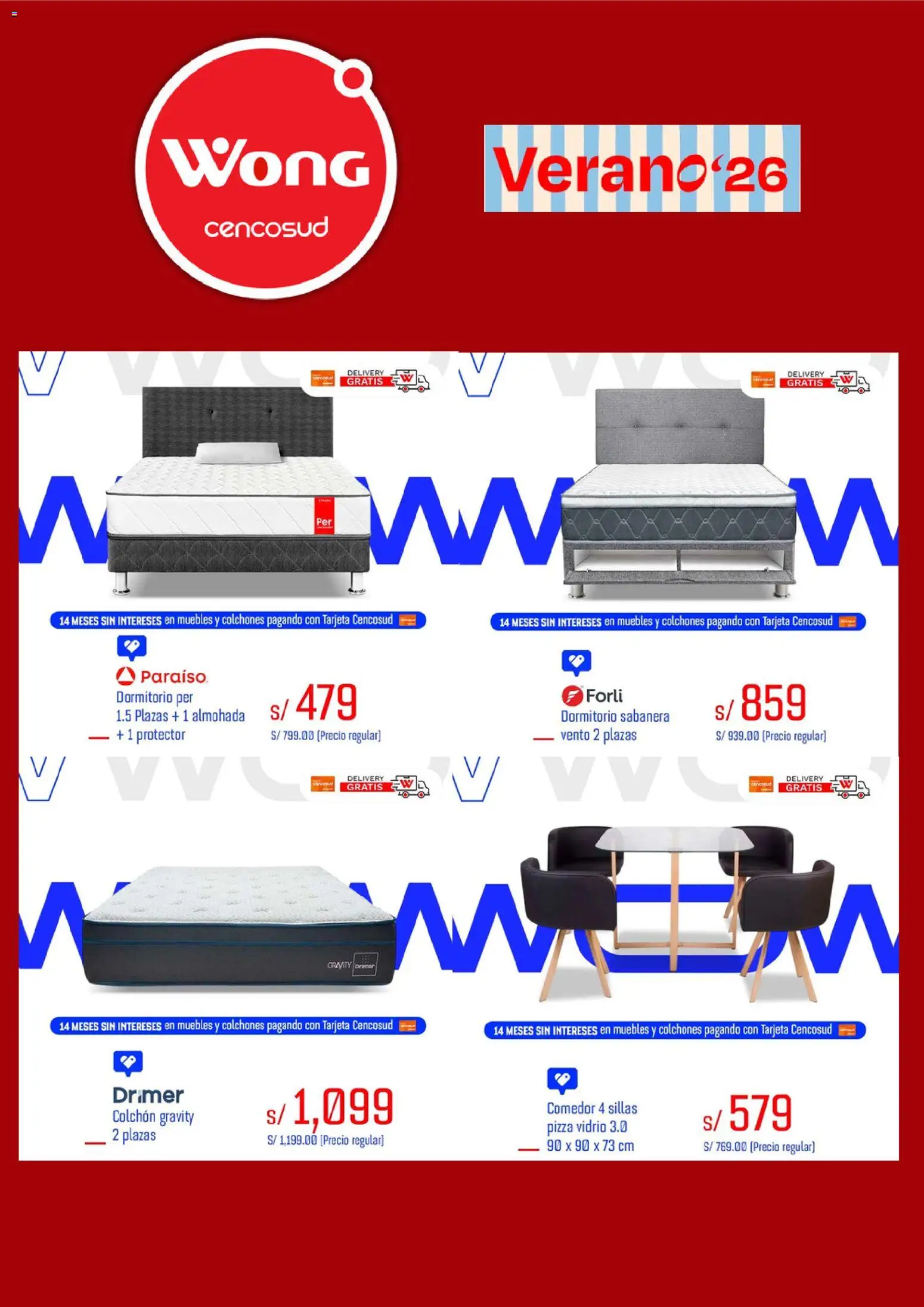 Catálogo Wong válido desde 13/07/2026 | Página: 3 | Productos: Colchón, Almohada, Pizza