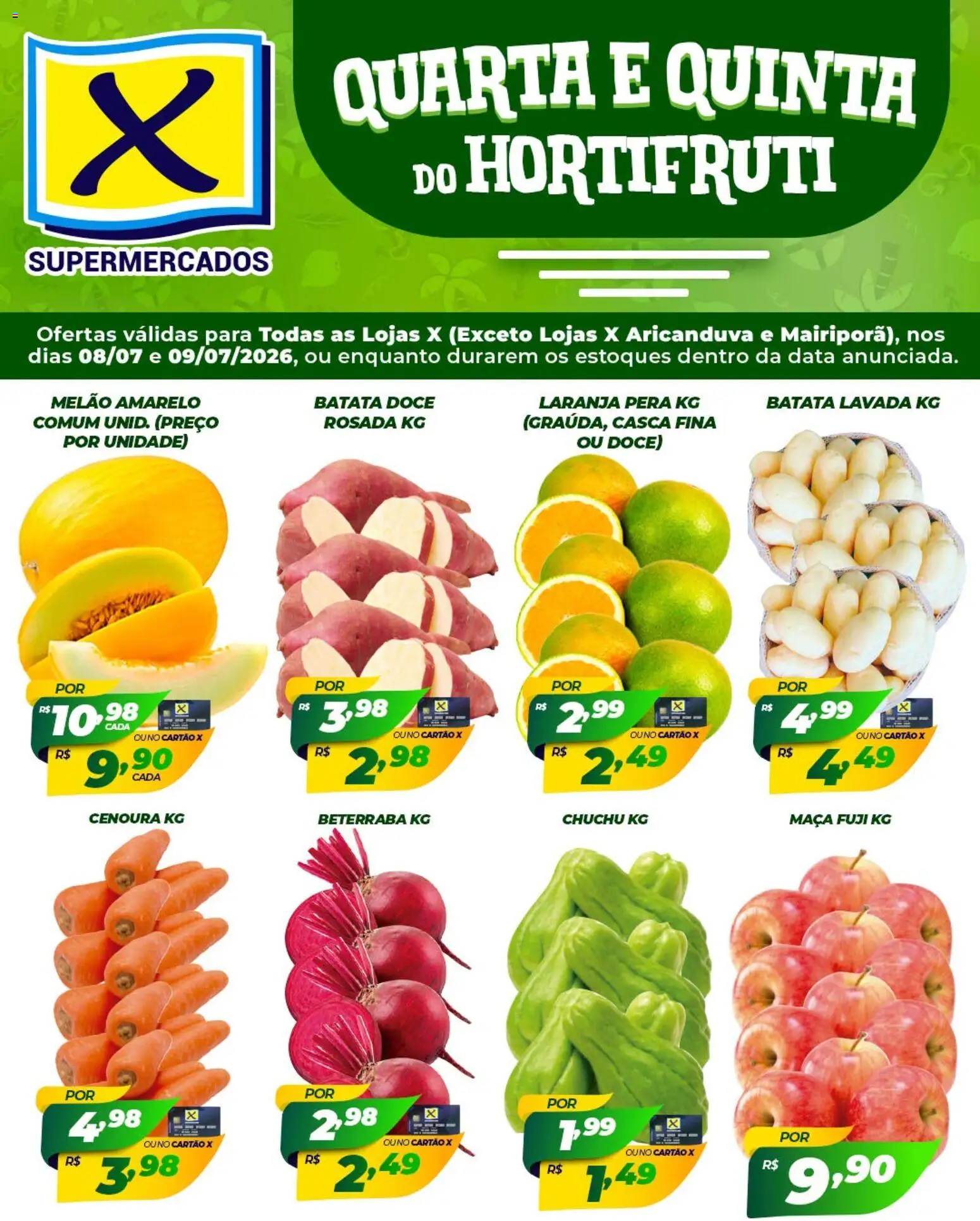 X Supermercados Folheto - válido de 08/07/2026 | Página: 1 | Produtos: Melão, Chuchu, Beterraba, Batata