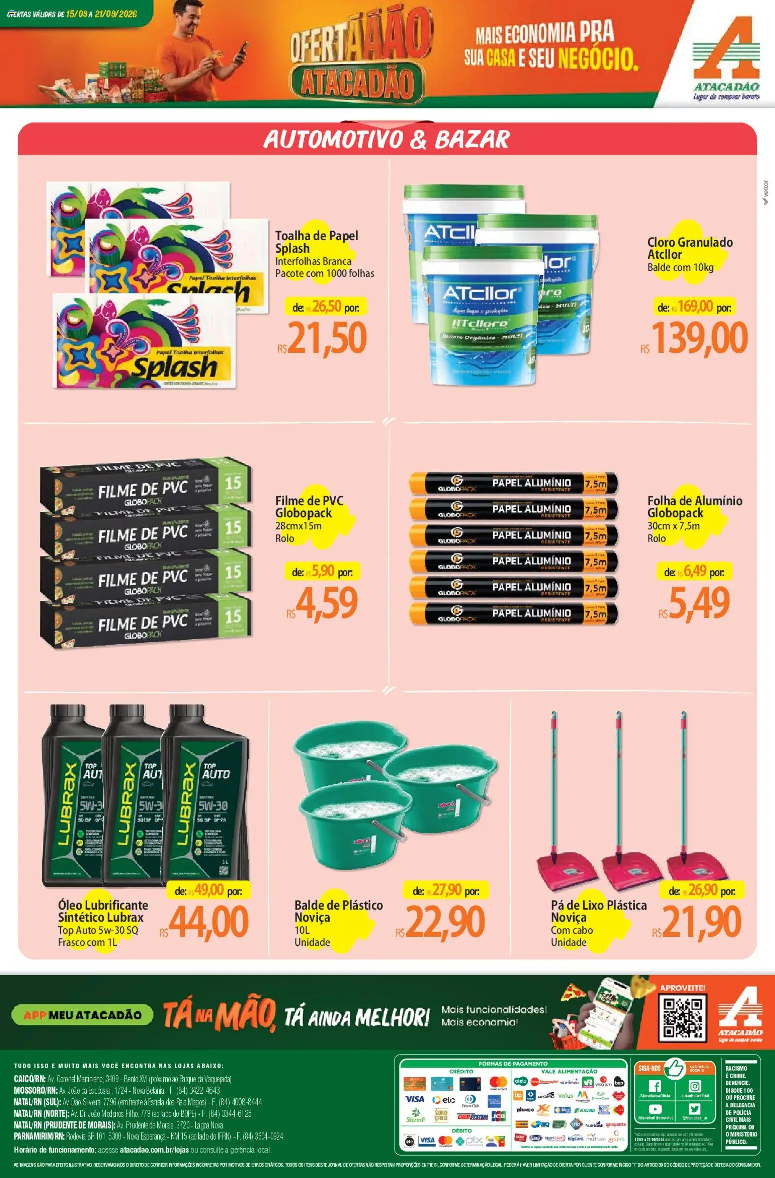 Atacadão Folheto - válido de 15/09/2026 | Página: 12 | Produtos: filme de PVC, Cloro, Papel alumínio, Cabo