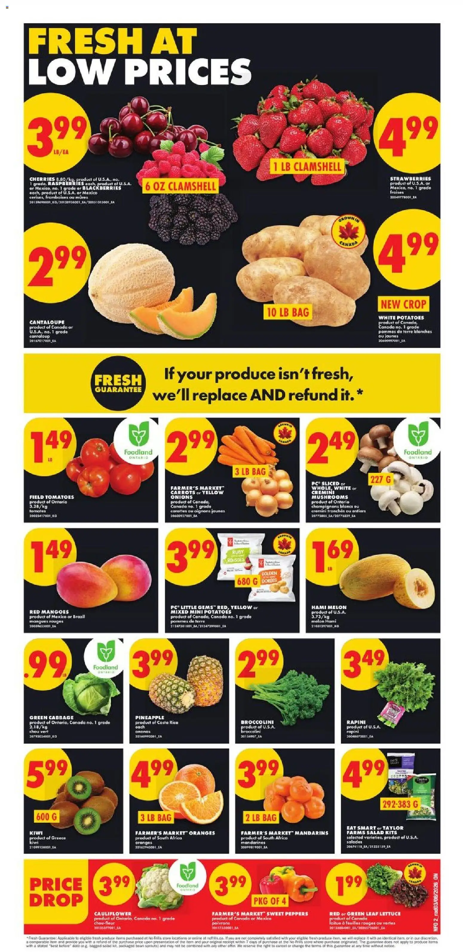 No Frills flyer valid from Aug 6, 2026 | Page: 2 | Products: Fish, Potatoes, Raspberries, Cabbage