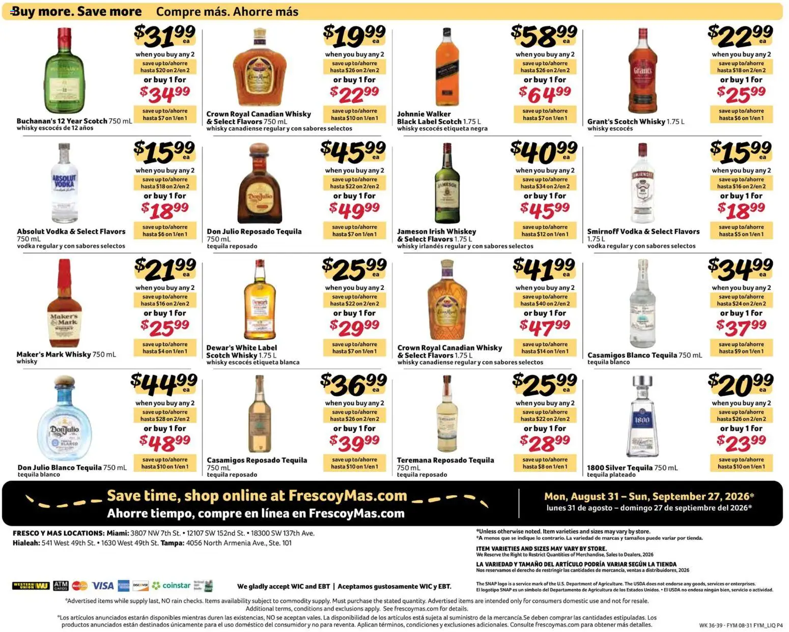 Fresco y Más Alcohol Flyer - valid from 08/31/2026 | Page: 4 | Products: Jameson, Absolut vodka, Vodka, Whiskey