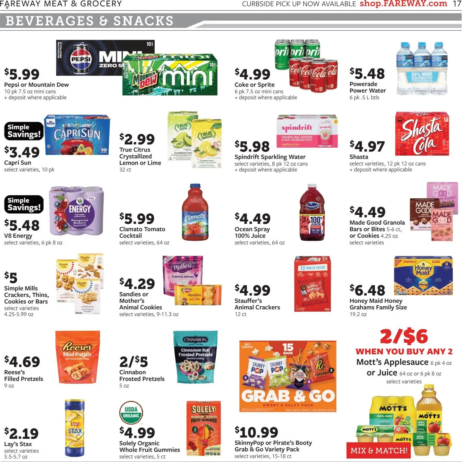 Fareway Weekly Ad - valid from 08/10/2026 | Page: 17 | Products: Beverages, Crackers, Juice, Snacks
