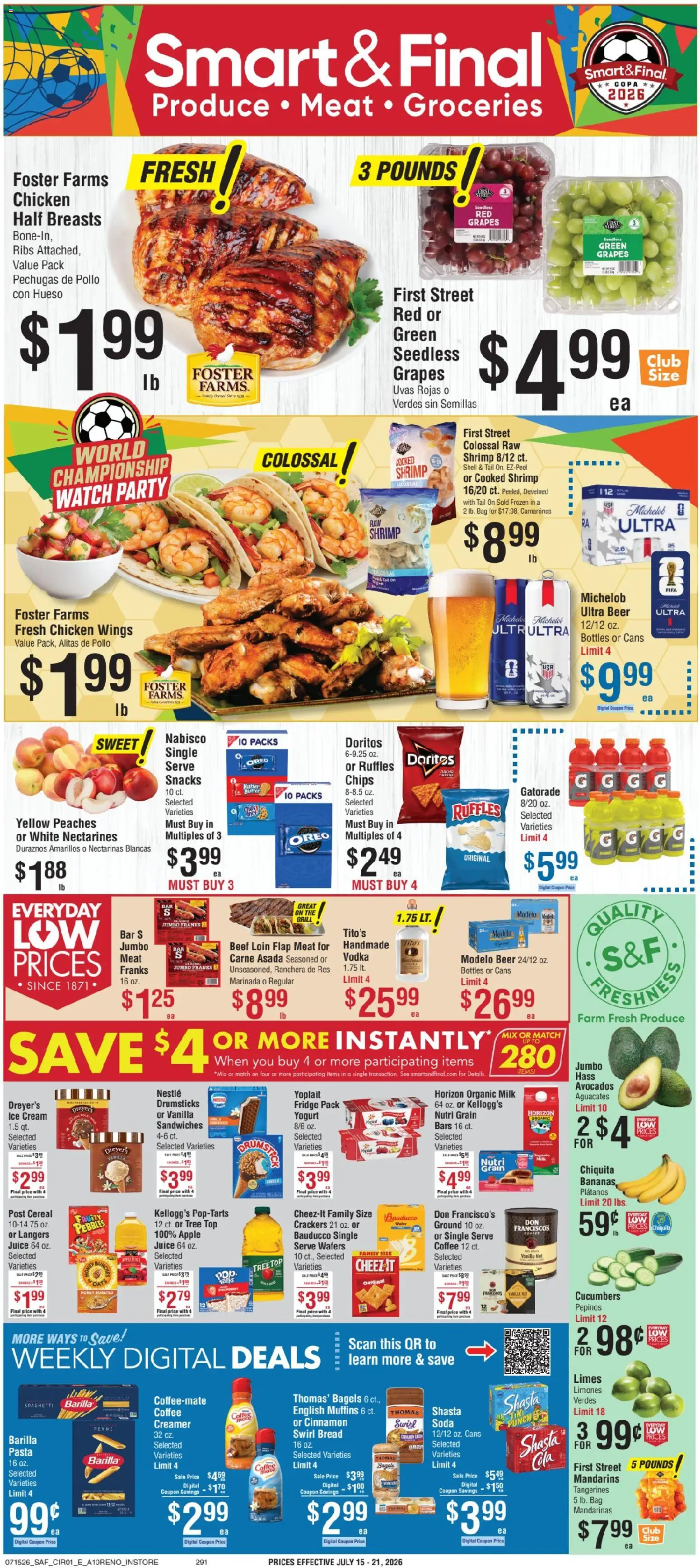 Smart & Final Weekly Ad - valid from 07/15/2026 | Page: 1 | Products: Bread, Bananas, Cream, Vodka