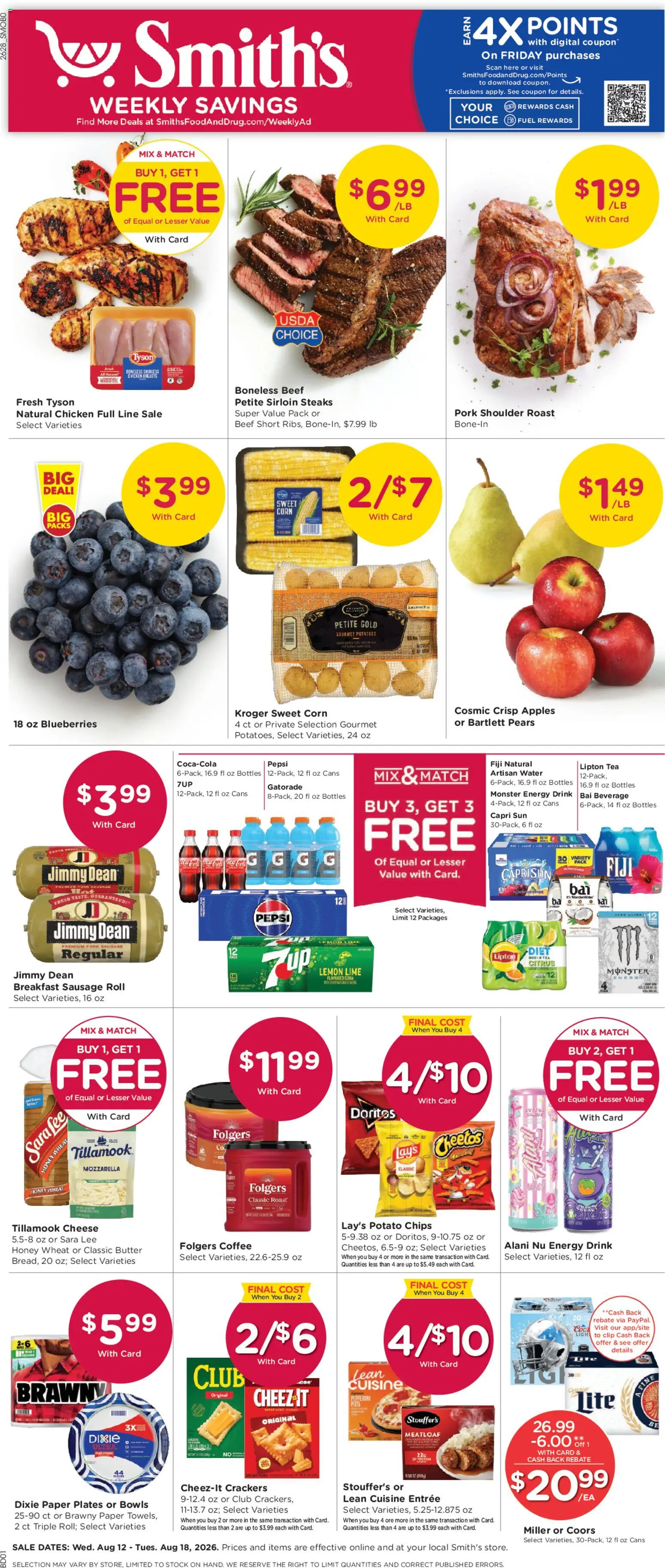 Smith's Weekly Ad - valid from 08/12/2026 | Page: 1 | Products: Butter, Tea, Water, Blueberries