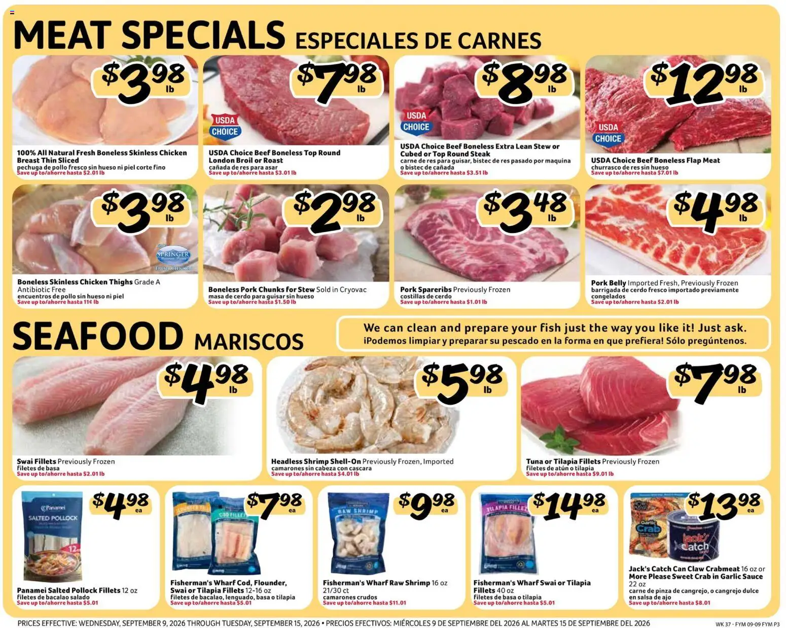 Fresco y Más Weekly Ad - valid from 09/09/2026 | Page: 3 | Products: Meat, Chicken, Fish, Tilapia