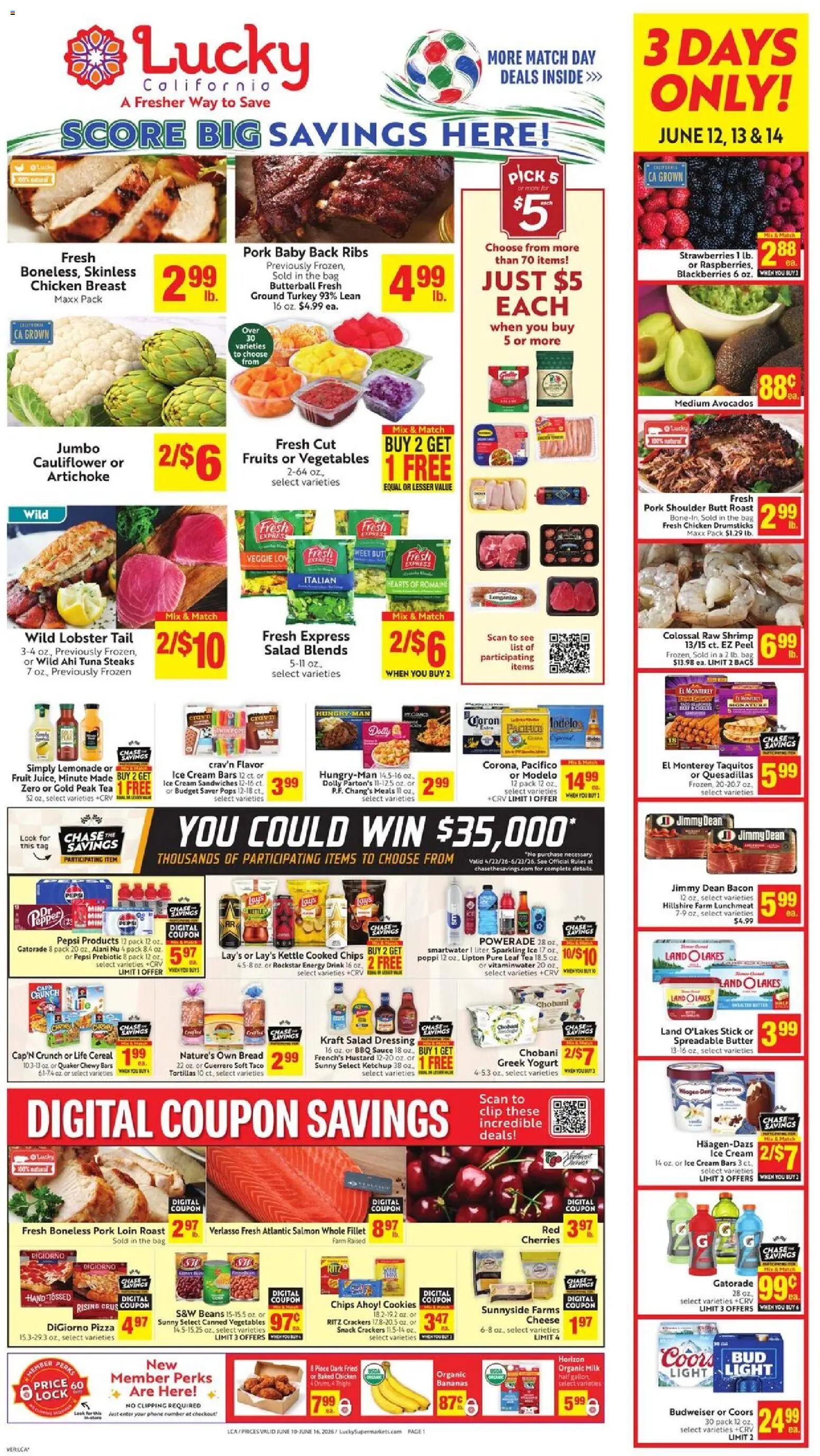 Lucky Supermarkets Weekly - CA - valid from 10.06.2026 | Page: 1 | Products: Romaine, Cheese, Ice cream, Phone