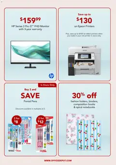 Preview of Office Depot weekly ads valid from 09/15/2026 | Page: 2 | Products: Pen, Monitor, Books, Printer
