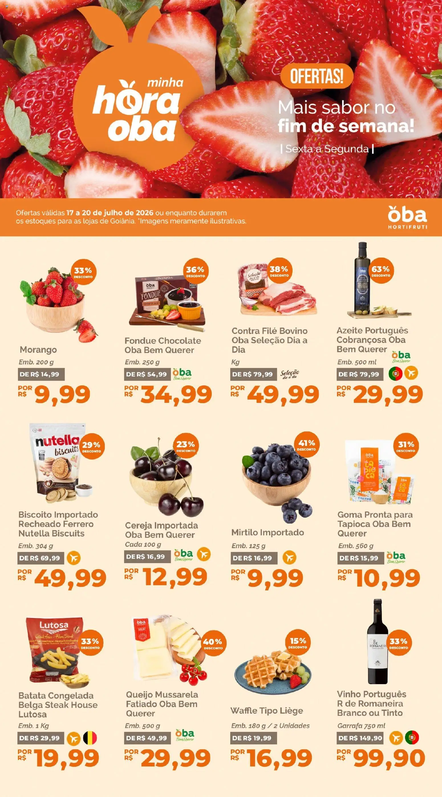 Oba Hortifruti Folheto - válido de 17/07/2026 | Página: 1 | Produtos: Contra filé, Queijo, Chocolate, Azeite