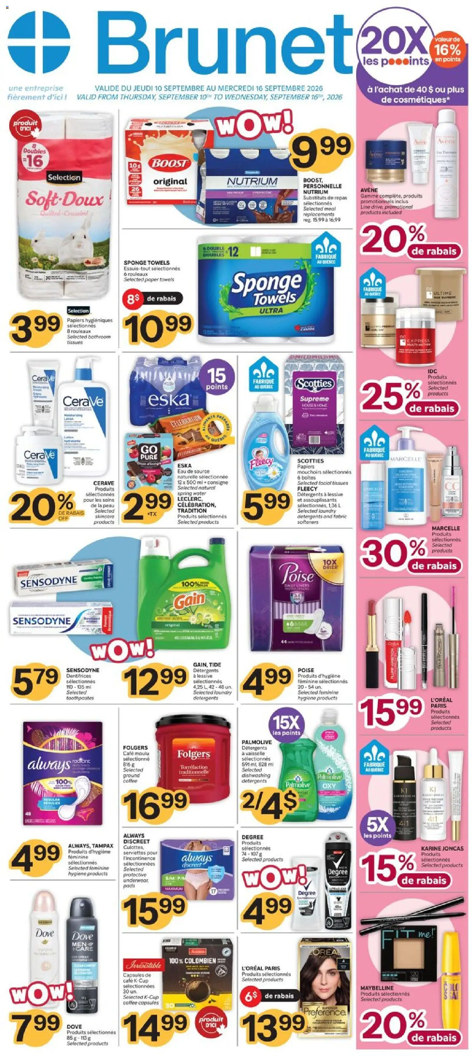 Brunet flyer valid from Sep 10, 2026 | Page: 1 | Products: Water, Paper towels, Tissues, Capsules