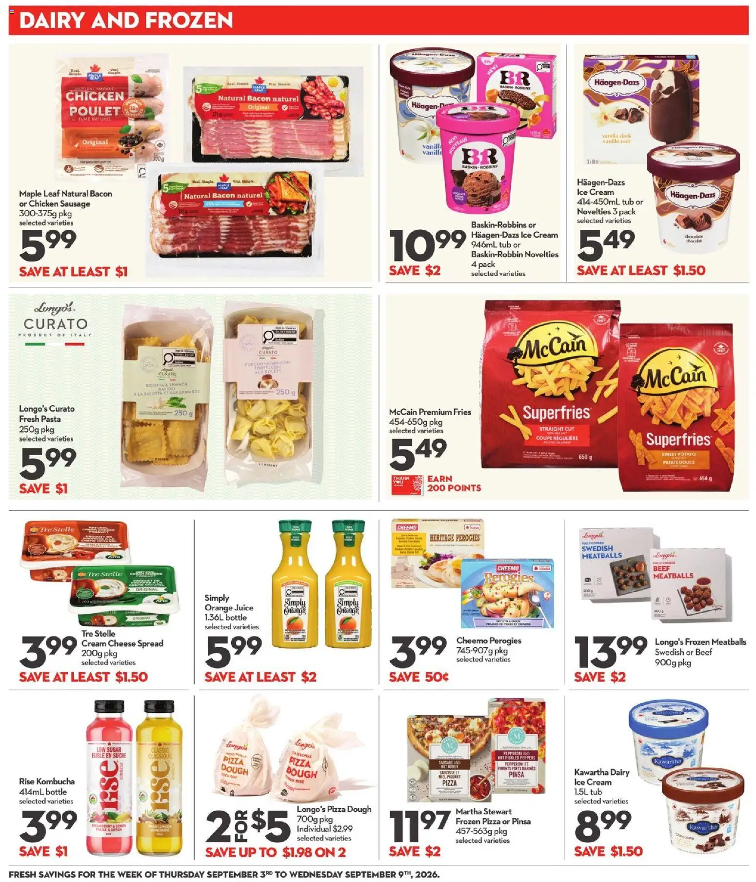 Longo's flyer valid from Sep 3, 2026 | Page: 16 | Products: Cream, Sausage, Orange juice, Juice