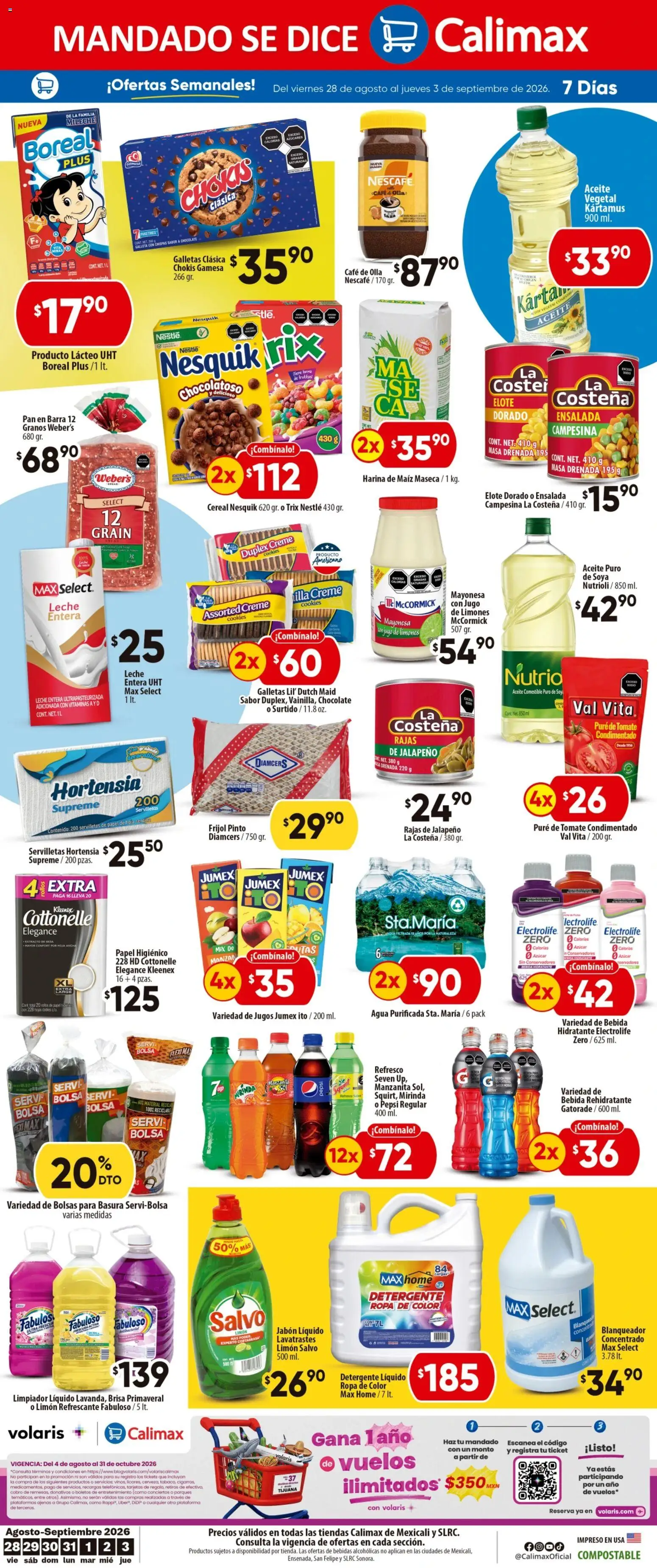 Nuevas ofertas de Calimax válidas en toda la República Mexicana desde el 28/08/2026. ¡Encuentra las mejores ofertas en Calimax folleto Mexicali y SLRC! | Página: 4 | Productos: Bebidas, Detergente líquido, Papel higiénico, Barra