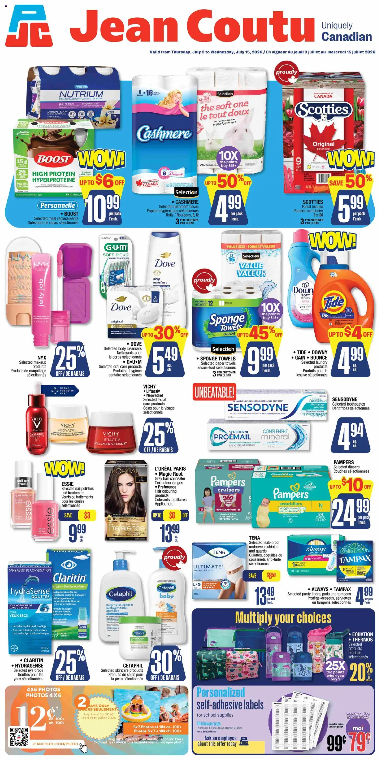 Jean Coutu flyer valid from Jul 9, 2026 | Page: 1 | Products: Cream, Concealer, Sponge, Underwear