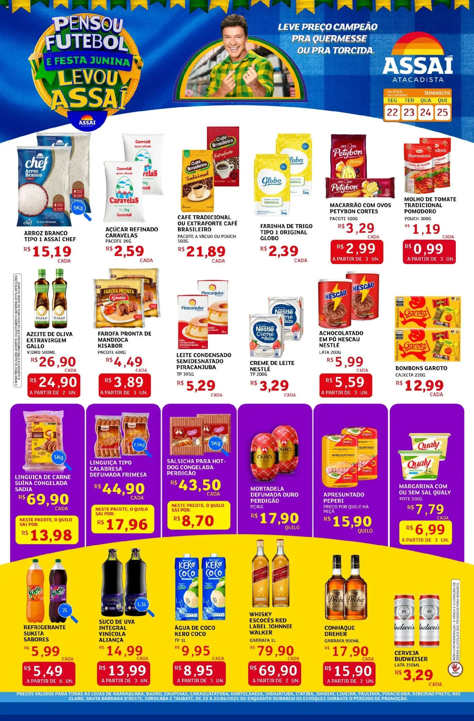 Assaí Atacadista Folheto - válido de 22/06/2026 | Página: 1 | Produtos: Mandioca, Linguiça, Açúcar, Azeite