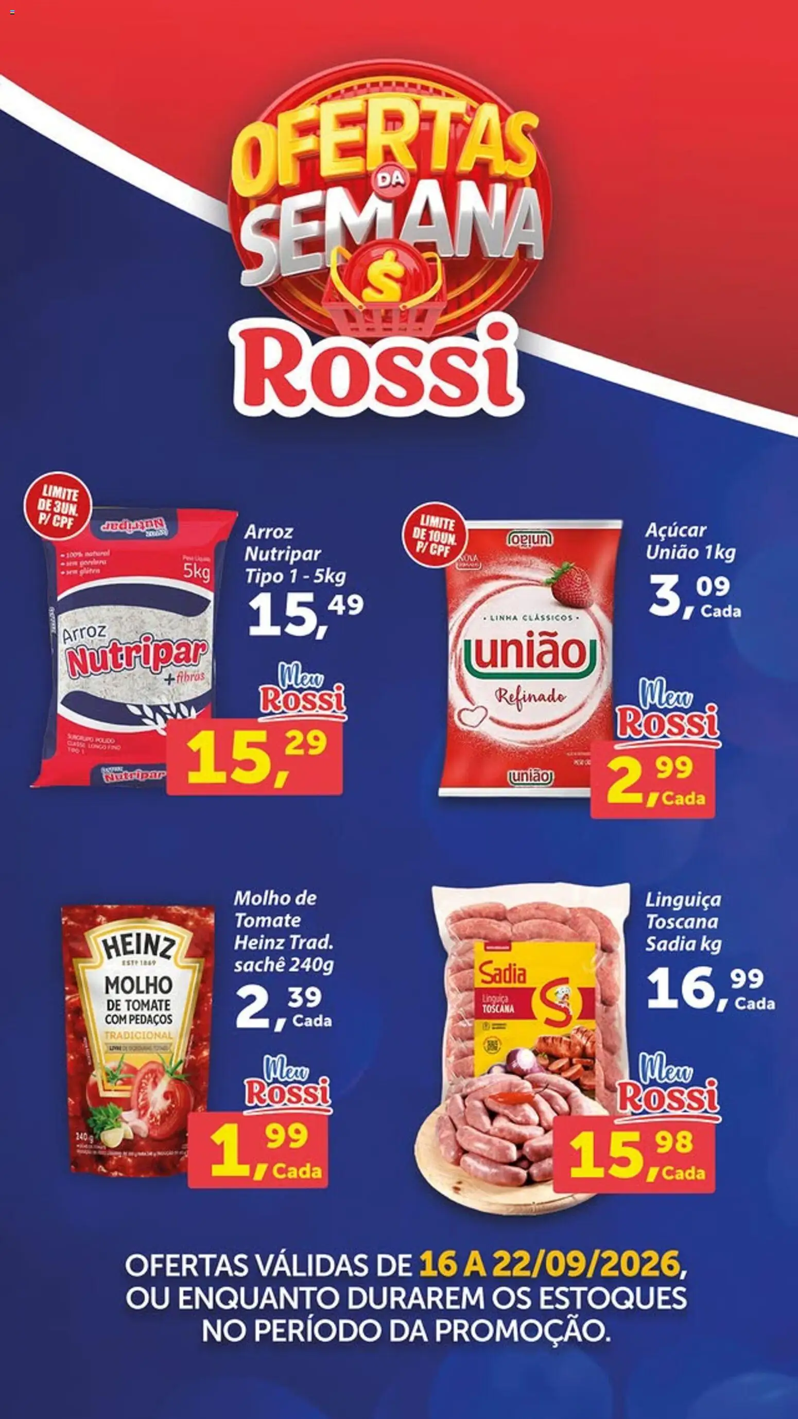 Rossi Supermercados Folheto - válido de 16/09/2026 | Página: 2 | Produtos: Tomate, Linguiça, Arroz, Açúcar