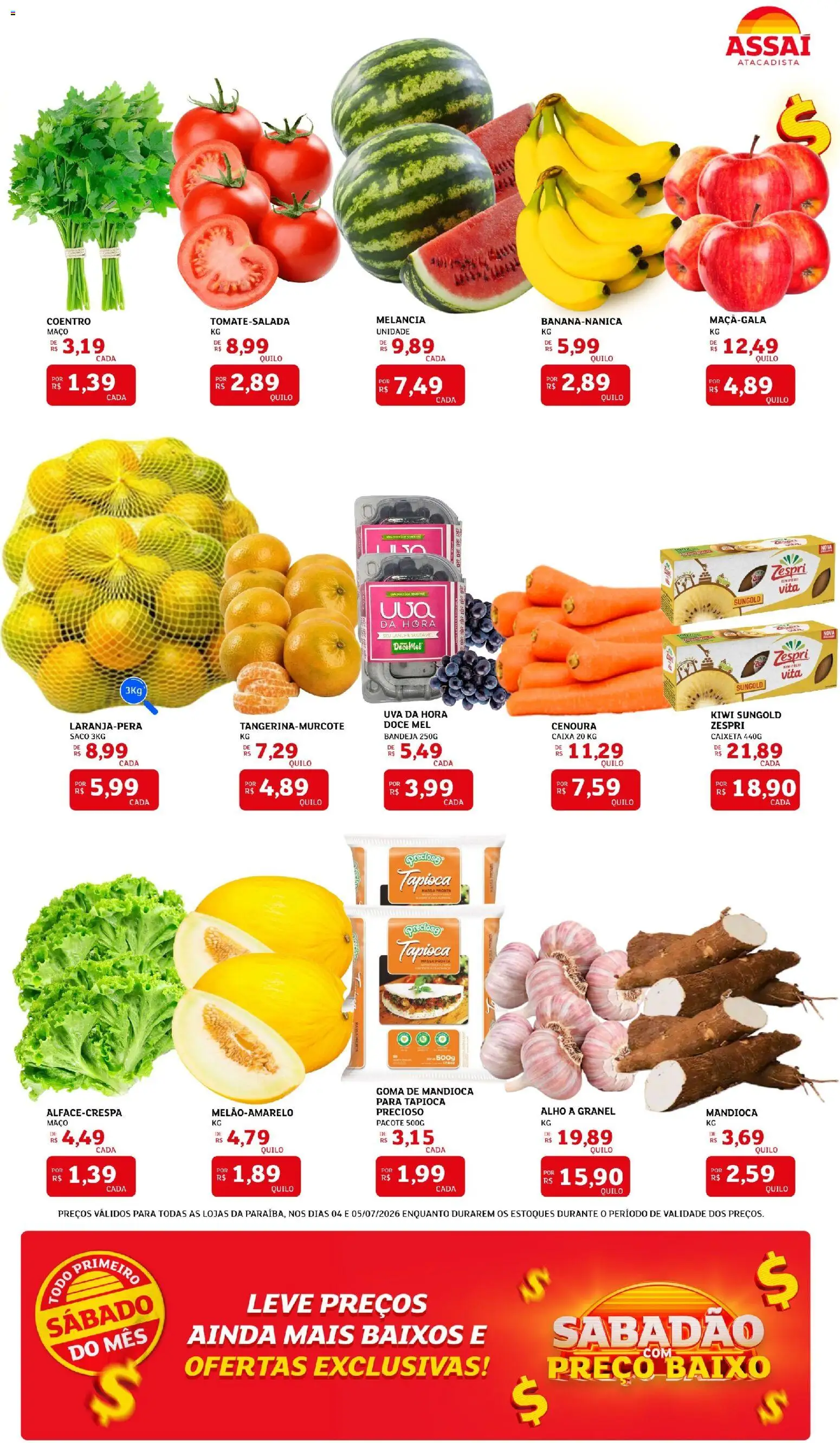 Assaí Atacadista Folheto - válido de 04/07/2026 | Página: 3 | Produtos: Mandioca, Massa, Cenoura, Bandeja