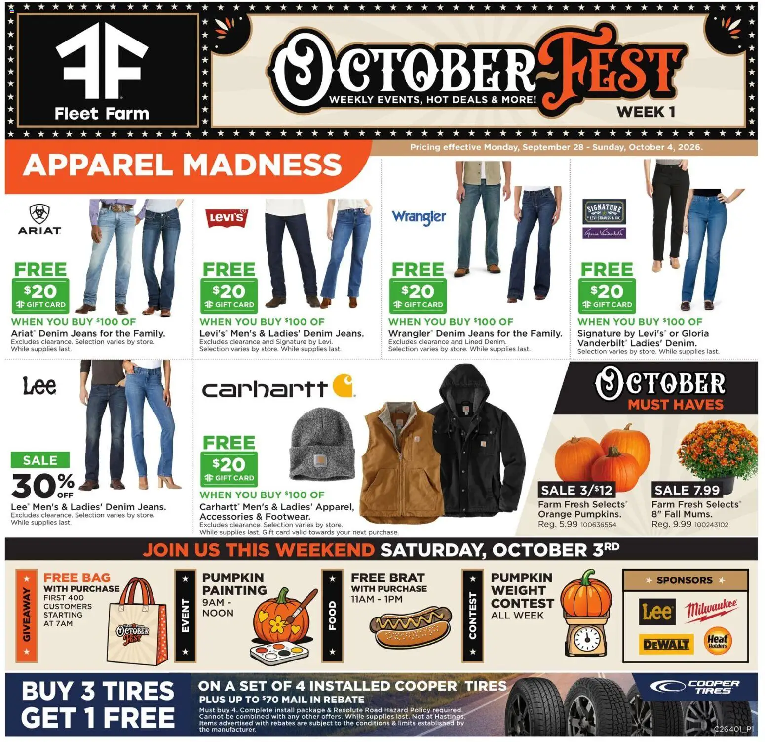 Mills Fleet Farm Weekly Ad - valid from 09/28/2026 | Page: 1 | Products: Pumpkin, Jeans, Bag, Weight