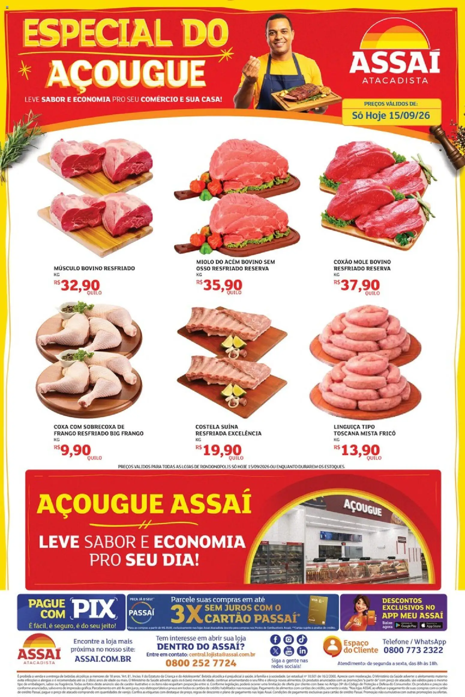 Assaí Atacadista Folheto - válido de 15/09/2026 | Página: 1 | Produtos: Linguiça, Bebida, Telefone, Frango