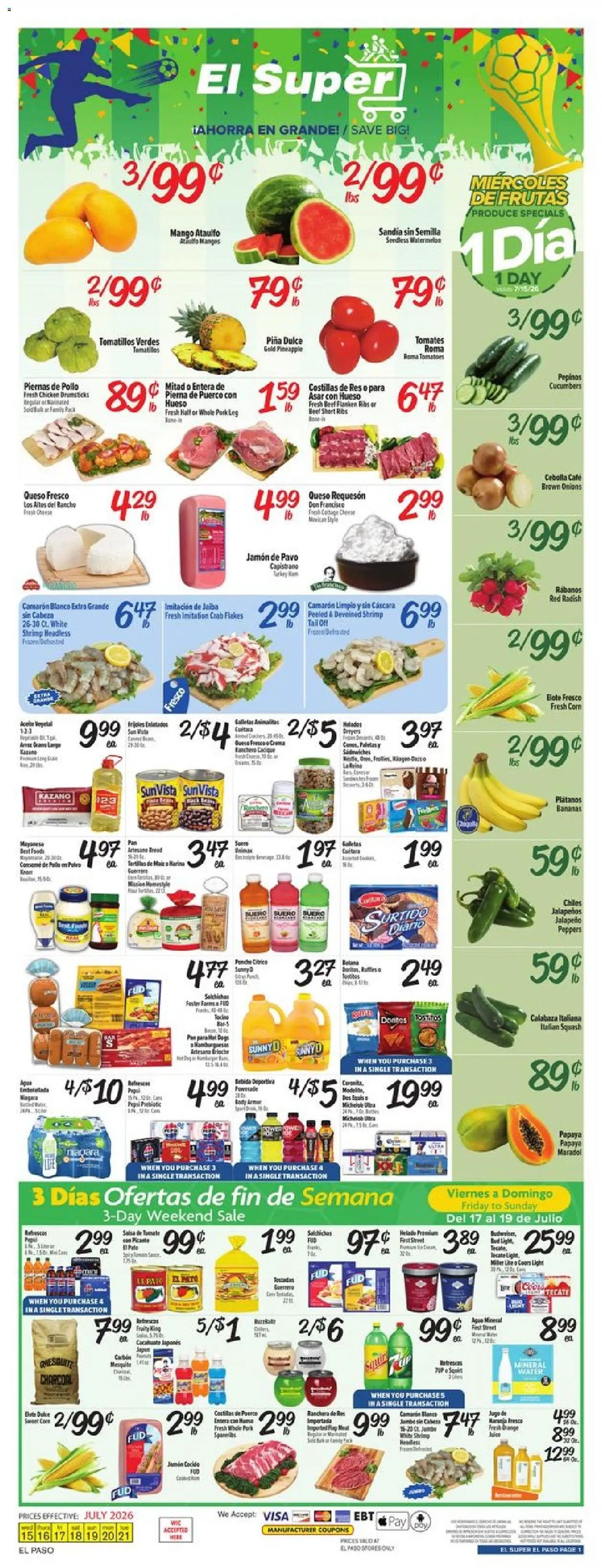 El Super Weekly Ad - TX - valid from 07/15/2026 | Page: 1 | Products: Squash, Jalapeno peppers, Tomatoes, Pineapple