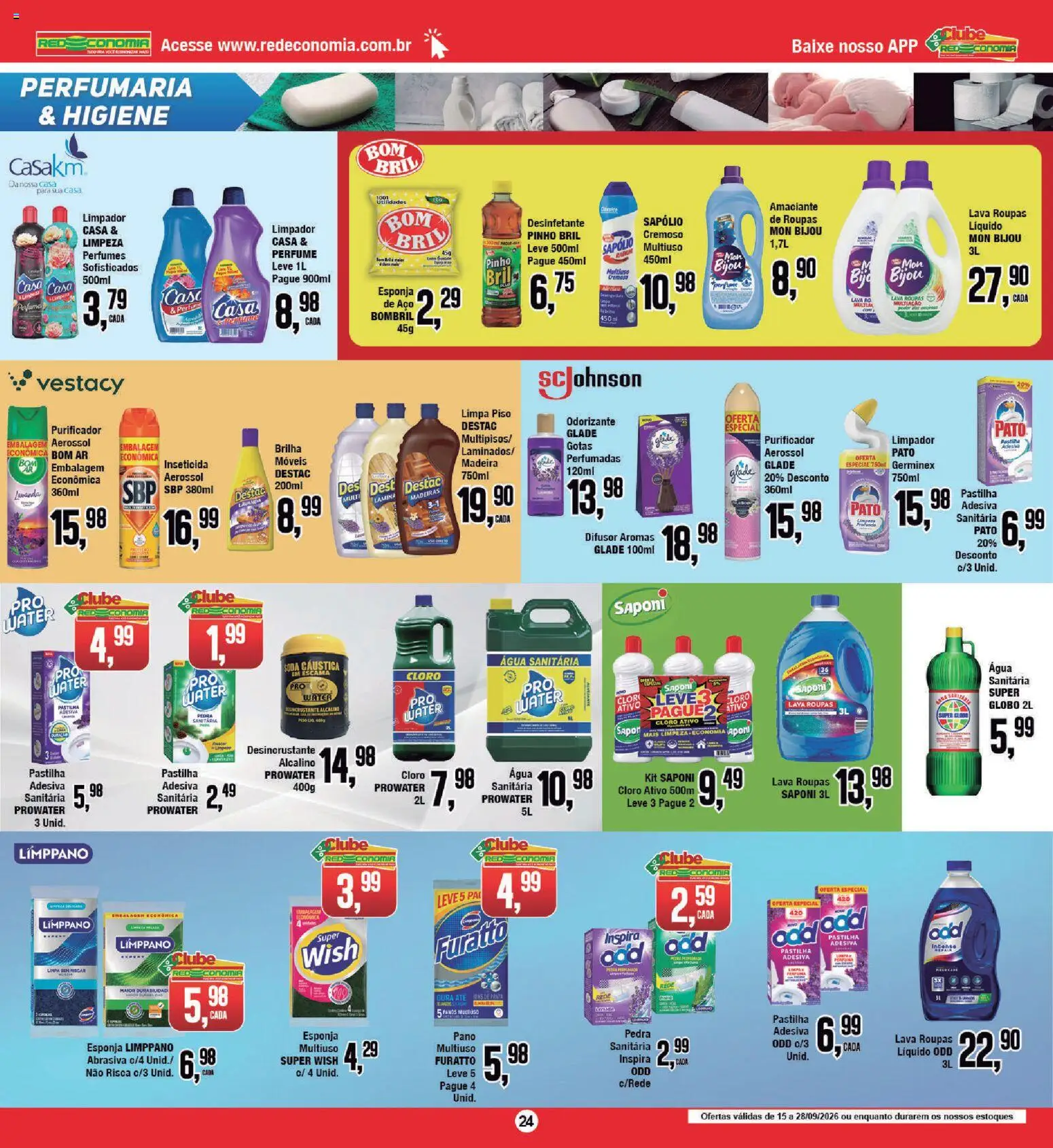RedEconomia Folheto - válido de 28/09/2026 | Página: 24 | Produtos: Madeiras, Limpa piso, Inseticida, Água sanitária