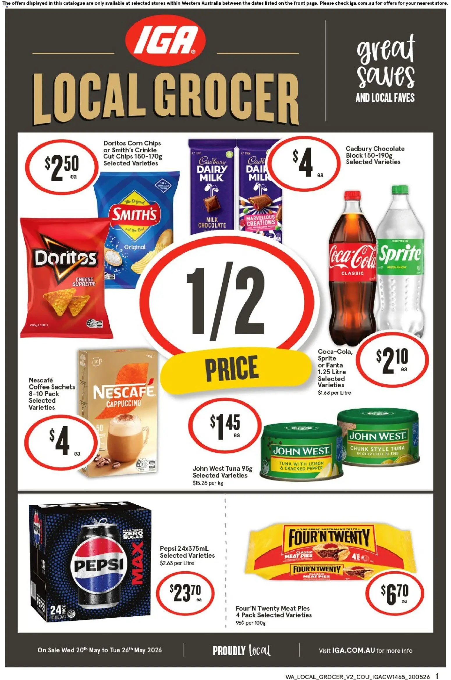 IGA catalogue - valid from 20.05.2026 | Page: 1 | Products: Milk, Chips, Olive oil, Pepper